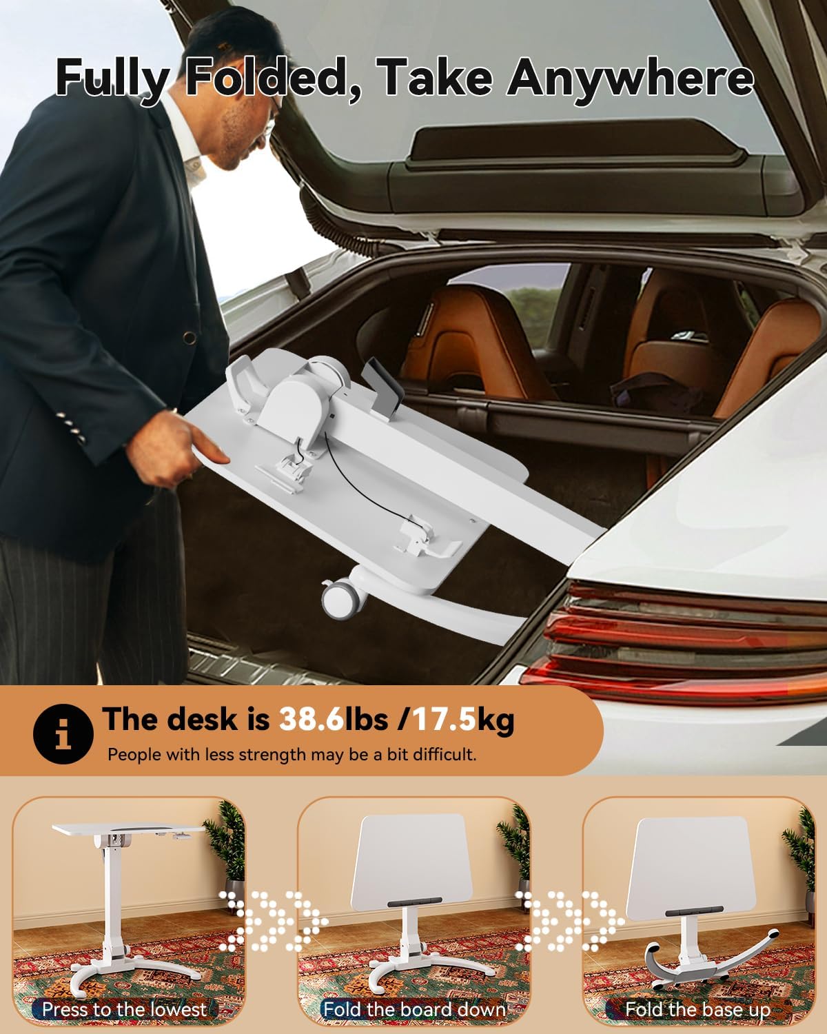 JOY worker Foldable Mobile Standing Desk, Upgraded Height Adjustable Rolling Desk, Max Height 47.6', 90° Tiltable Board & Base, Portable Workstation with Moveable Wheels, Holds Up to 22lbs, White