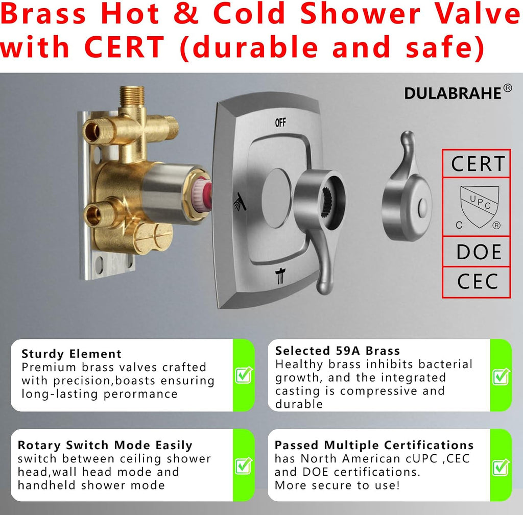 14 X 20 Inch Ceiling LED Rain Shower Head, Dual Rainfall Smart Shower System Set With 8 Inch Wall Head For Two People (Brushed Nickel)