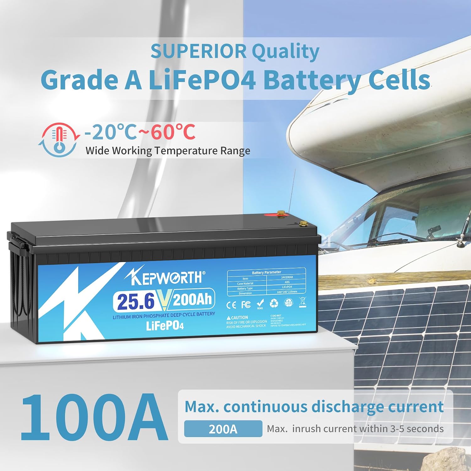 KEPWORTH 24V 200Ah LiFepo4 Battery, Rechargeable Lithium Batteries, 5.12KW Independent Power, Perfect for Boat, Marine, RV, Solar, Trolling Motor, Household Appliance, Off-grid Life