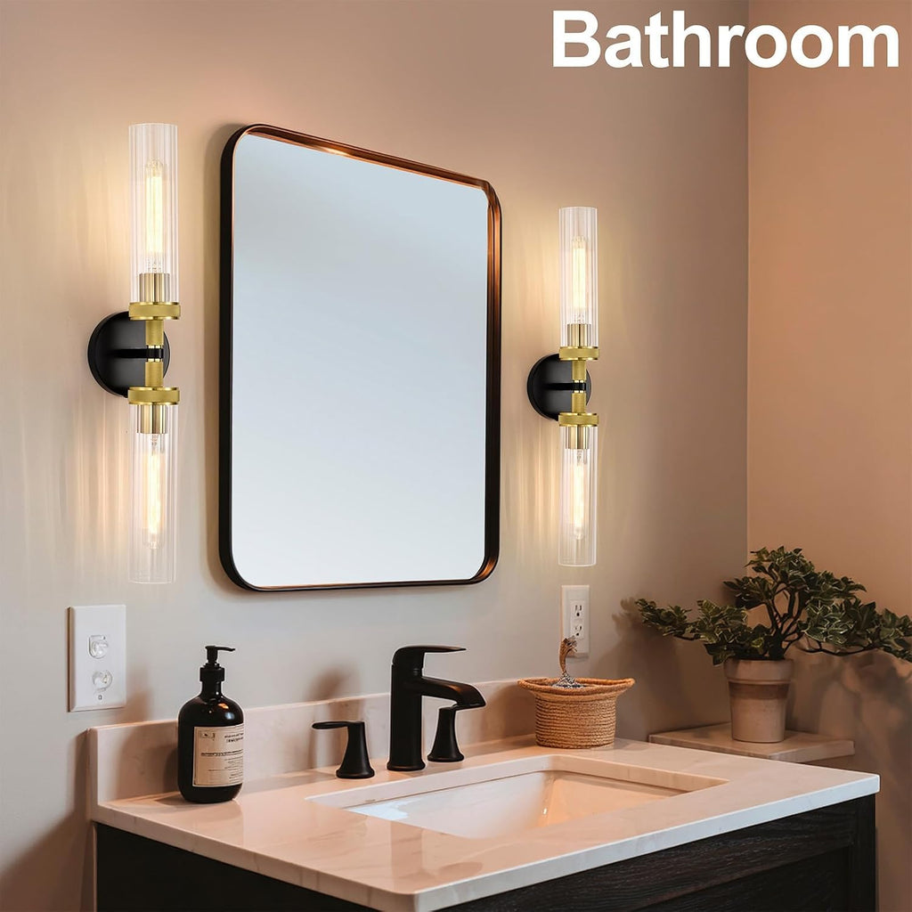 LaLuLa Black and Gold Vanity Light Fixtures 2-Pack – Modern Hardwired Dual-Light Wall Sconces with Rippled Glass Shades, Textured Metal Bathroom Lighting for Over Mirror or Hallway, 25' Height