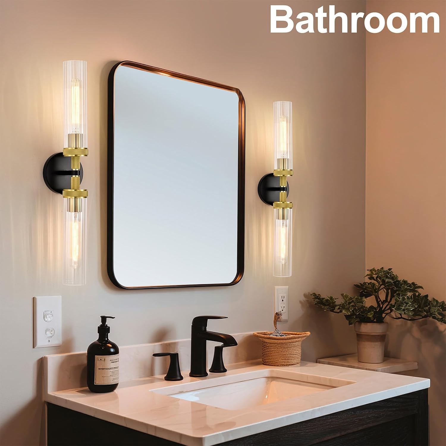 LaLuLa Black and Gold Vanity Light Fixtures 2-Pack – Modern Hardwired Dual-Light Wall Sconces with Rippled Glass Shades, Textured Metal Bathroom Lighting for Over Mirror or Hallway, 25' Height