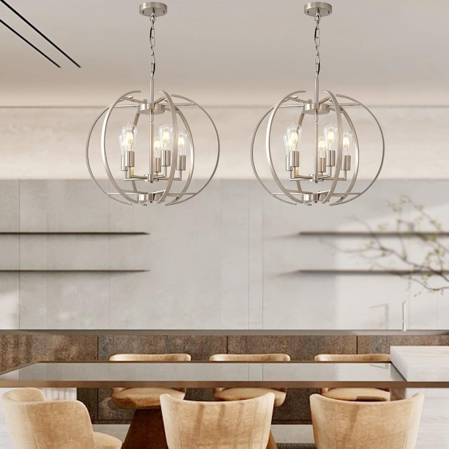 Large Lantern Globe Brushed Nickel Chandelier Lighting, Adjustable Hanging Ceiling Pendant 5 Light for Kitchen, Dining Room, Living Room, Hallway, Bedroom