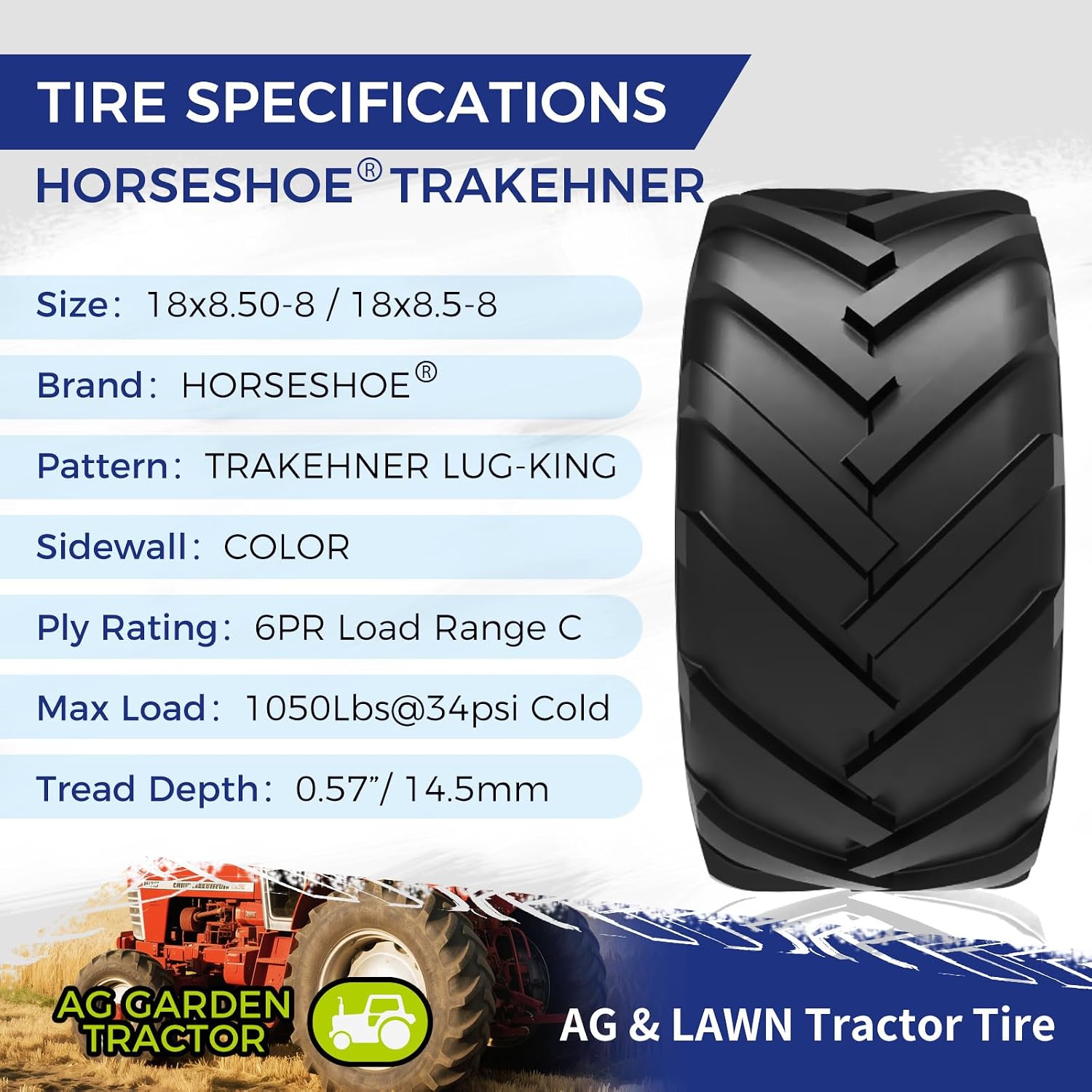 HORSESHOE TRAKEHNER 2 New 18x8.50-8 / 18x8.5-8 6PR Super Lug-King Ditch-Witch Trencher Tiller AG/Farm/Lawn/Garden Tractor & Riding Lawn Mower Tires LRC Heavy Duty Color-Sidewall (18x8.50-8 6Ply)