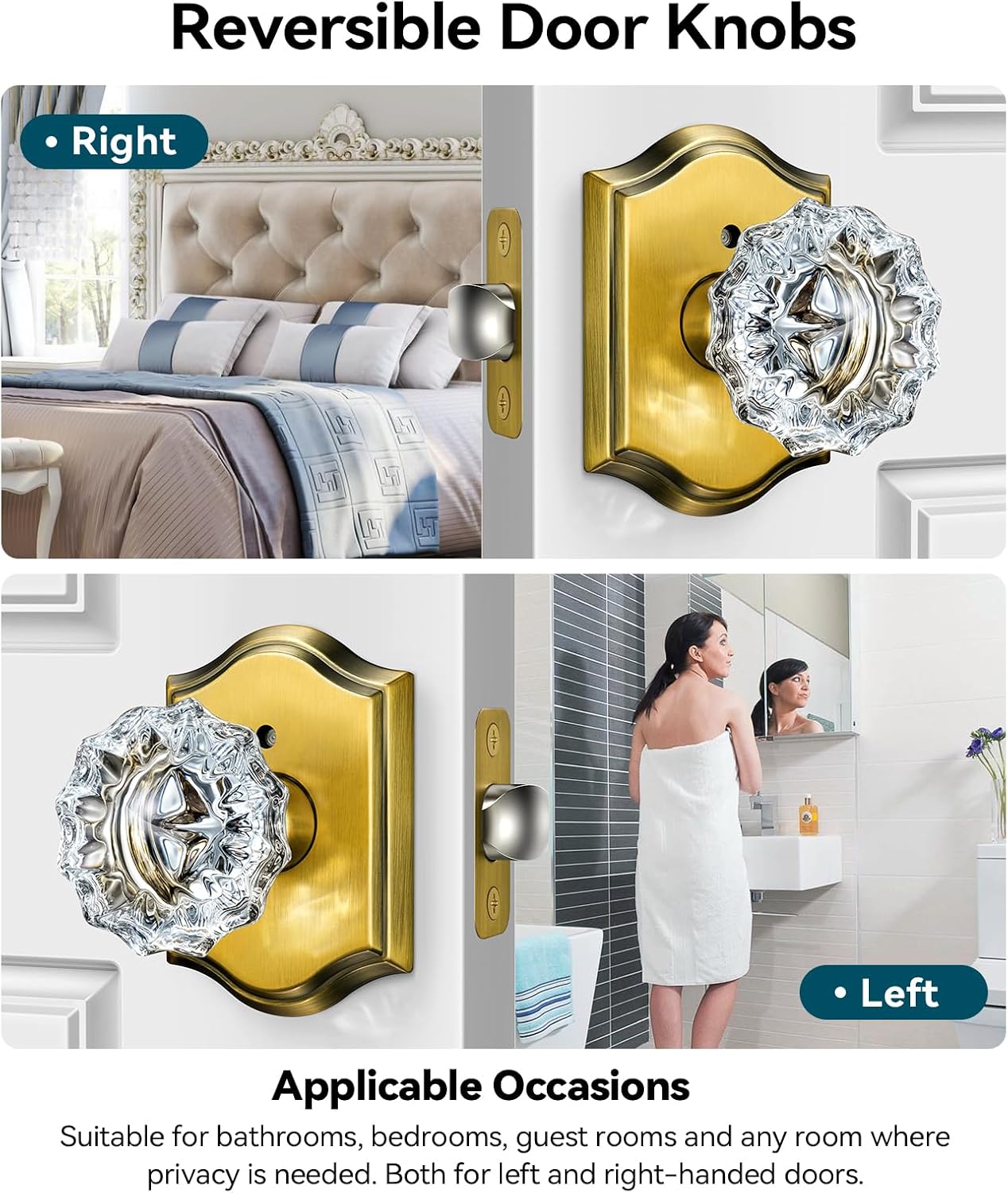 5 Pack Glass Door Knobs, Antique Brass Crystal Door Knobs with Lock for Privacy Use, Vintage Crystal Door Knobs Interior for Bedroom Bathroom, Crystal Glass Brass Door Knob