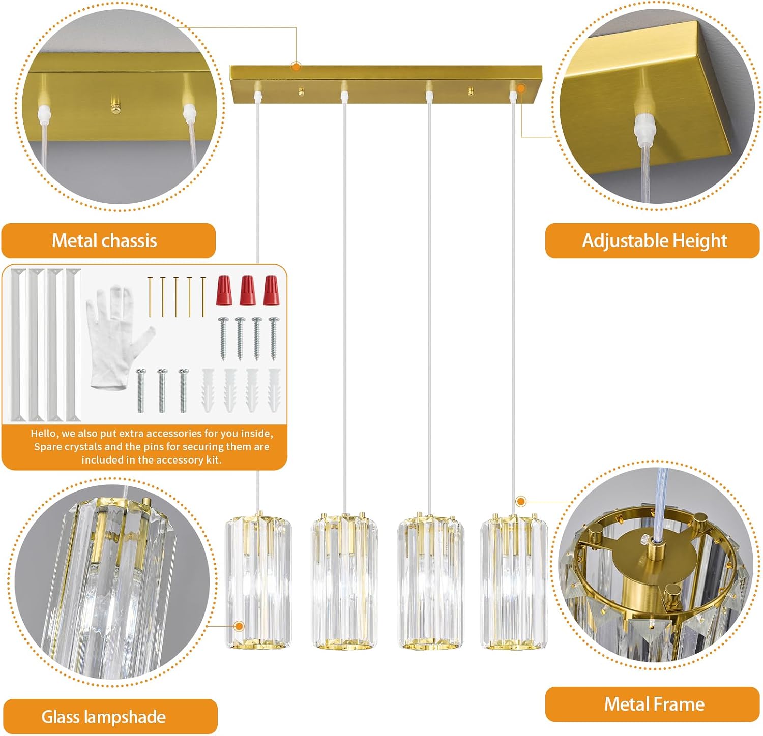 Gold Pendant Lighting Modern Pendant Light, Mini Crystal Chandeliers,Adjustable Pendant Light Fixture for Kitchen Island Dinning Room Corridor Bedroom(Gold 4-Light)