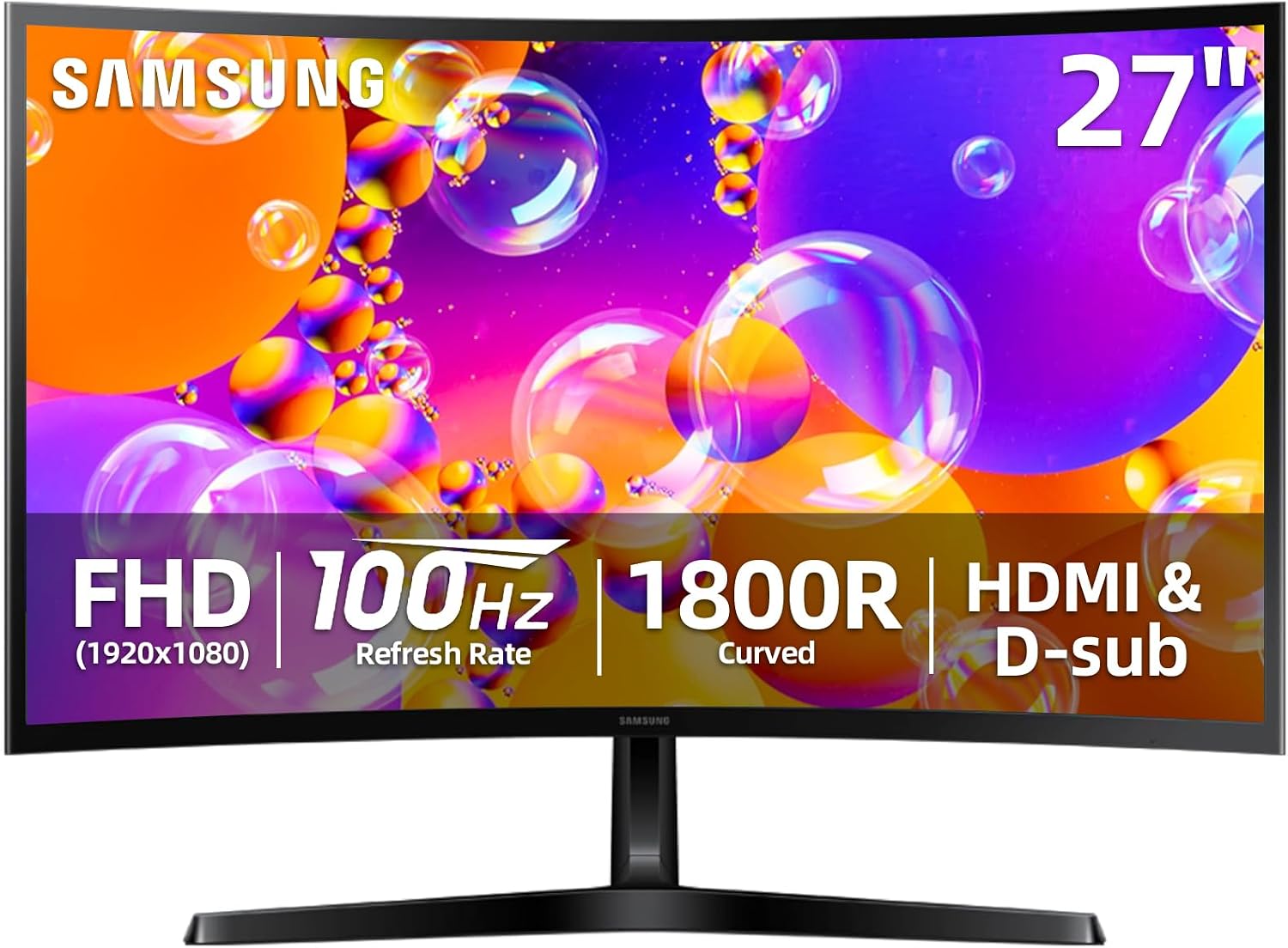 Samsung 27 inch FHD Gaming Monitor, S3 Series, 100Hz, 1800R Curved, G-Sync Compatible, Contrast Ratio 3000:1, Flicker-Free, Game Mode, HDMI & VGA, Ultra-Slim, Tilt Adjustment, Black