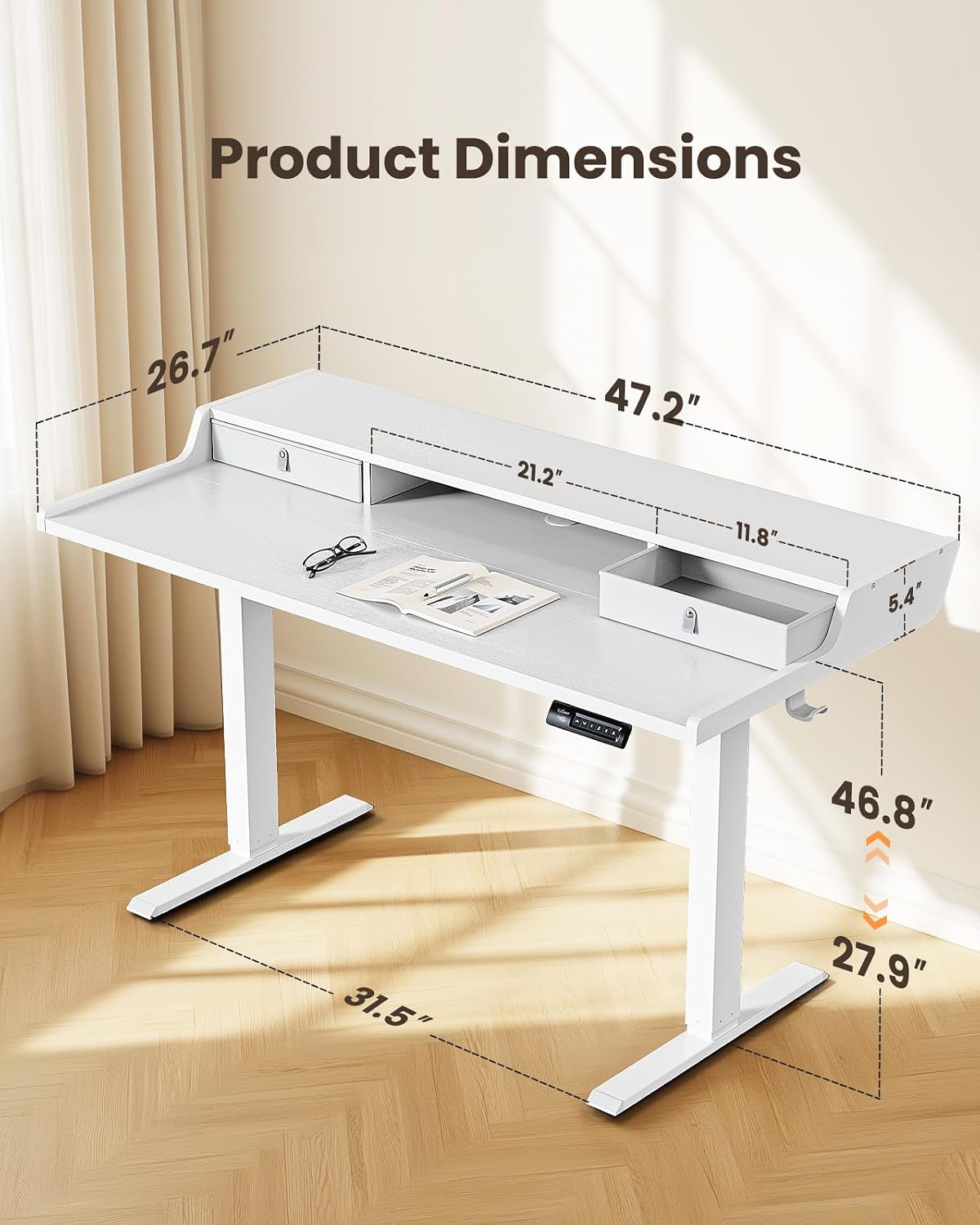 ErGear Electric Standing Desk with Drawers, 48″ x 24″ Gaming Table Compatible Monitor Stand, Stand up Desks, Home Office Height-Adjustable Desk with Storage Shelf, 4 Preset Heights, White