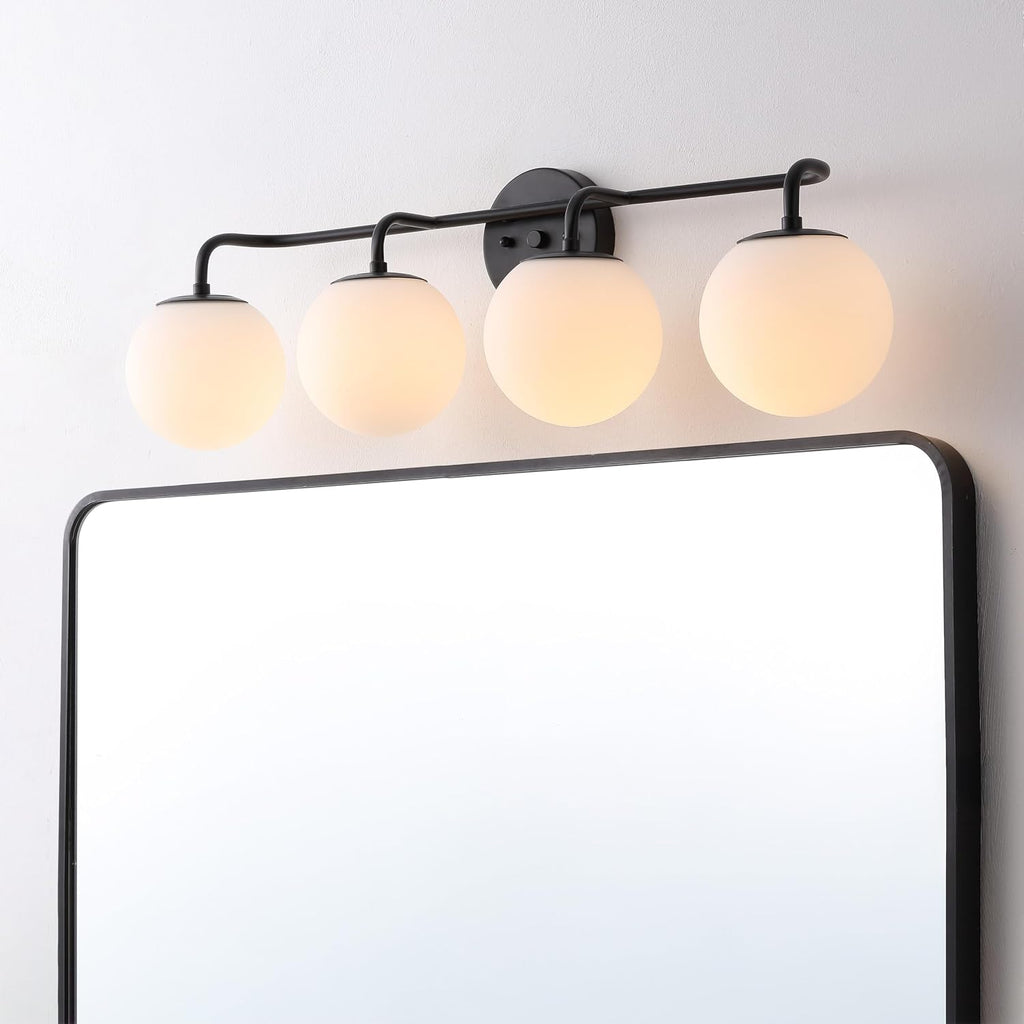 JONATHAN Y 31' Black Modern Globe Wall Sconce Vanity Light for Bathroom, White Frosted Glass Shade, Midcentury Parisian Bistro Wall Lamp, LED Bulb Included (JYL3558B)