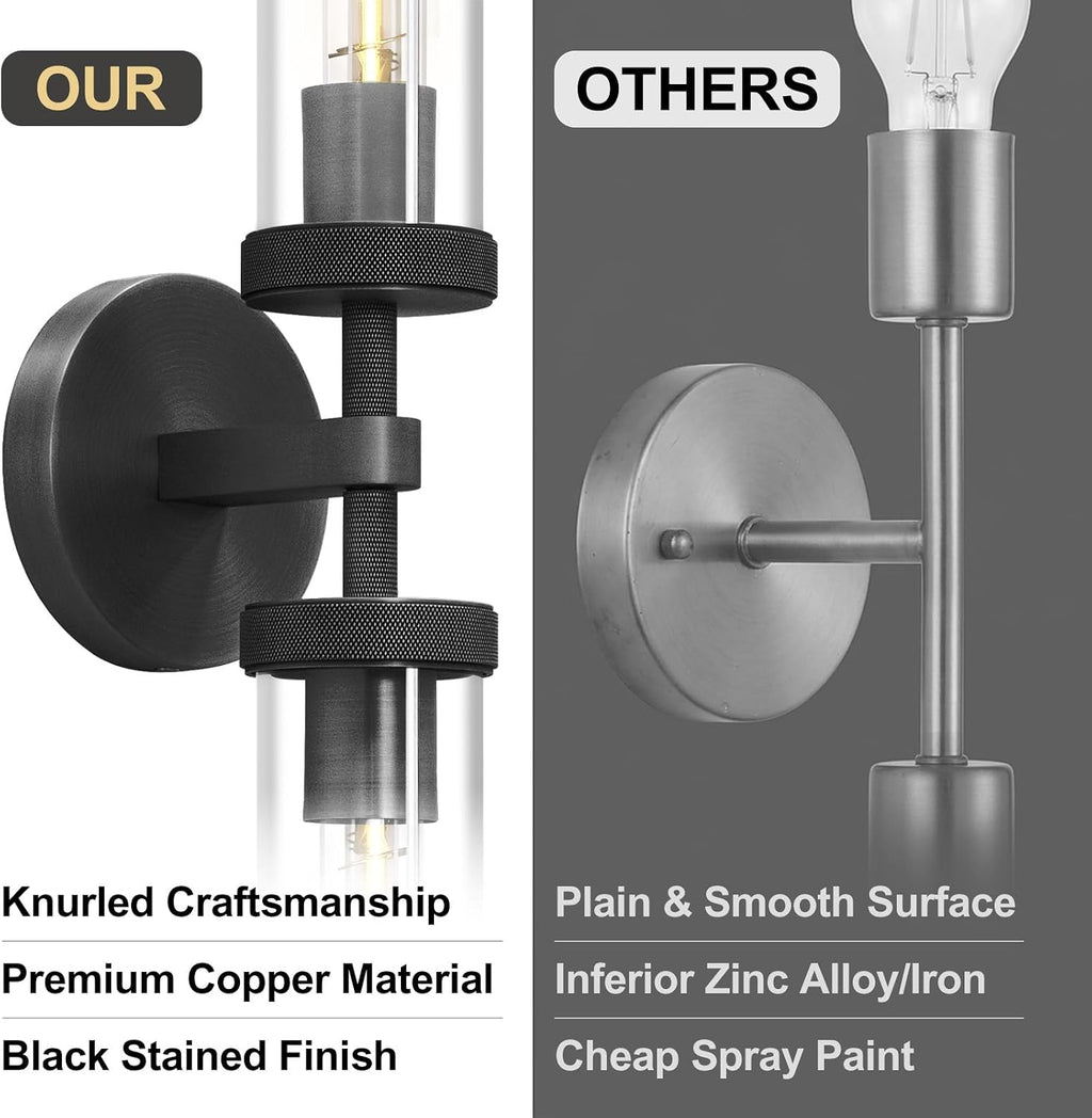 Modern 2-Light Black 30in Knurled Wall Sconces, Double Glass Sconces Wall Lighting, Bathroom Vanity Light Sconces, Wall Lights for Living Room Bedroom Hallway Kitchen Bathroom Mirror Includes bulbs