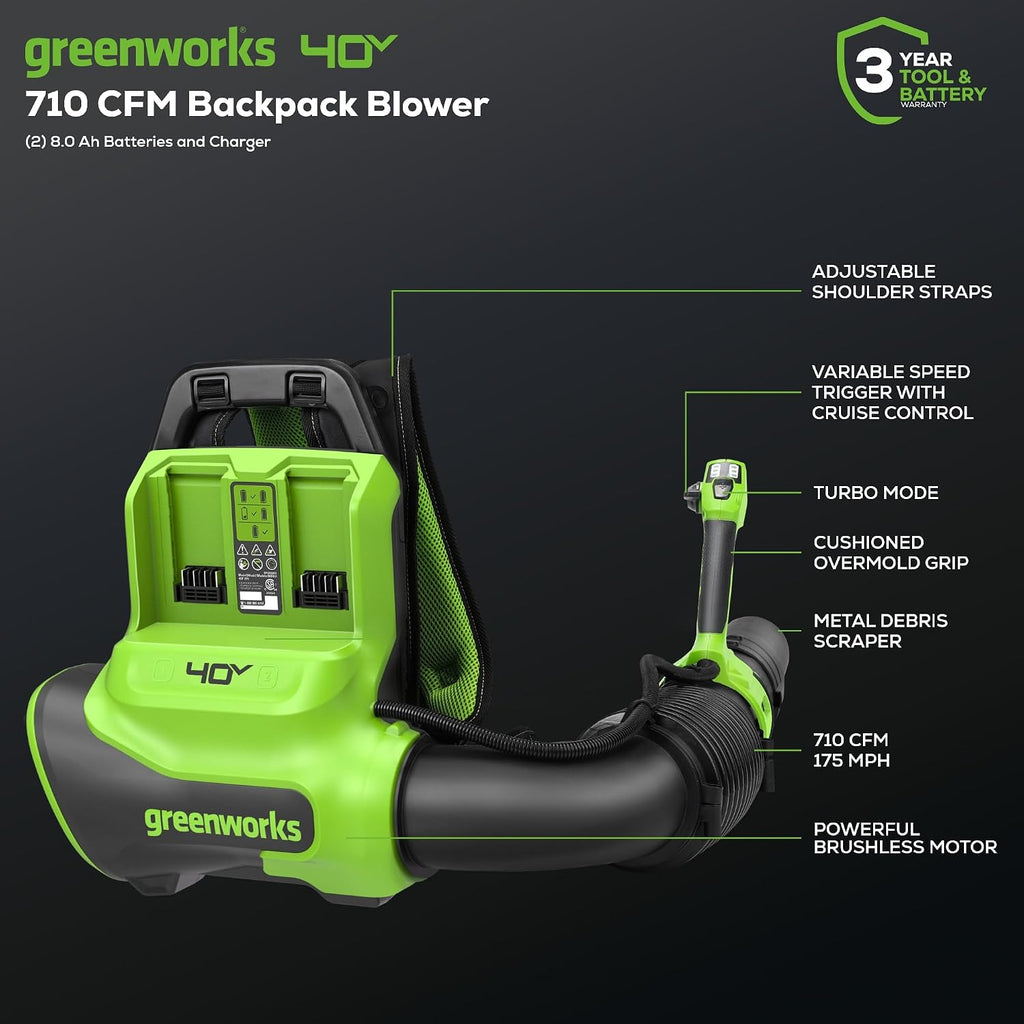 Greenworks 40V (175 MPH / 710 CFM) Dual Port Cordless Brushless Backpack Leaf Blower, (2) 8.0Ah Battery and Charger Included