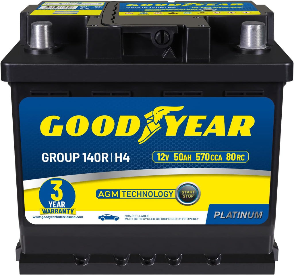 Goodyear 140R-H4-AGM BCI Group Size 140R 12V 50 AH, 80RC, 570 CCA Platinum series Rechargeable AGM Maintenance Free Automotive Battery
