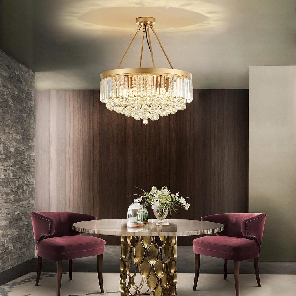 9-Light Gold Crystal Chandelier Contemporary 22'' Modern Semi Flush Mount Crystal Hanging Light Sparkling Decoration for Bedroom Entryway Living Dining Room Kitchen Island Hallway