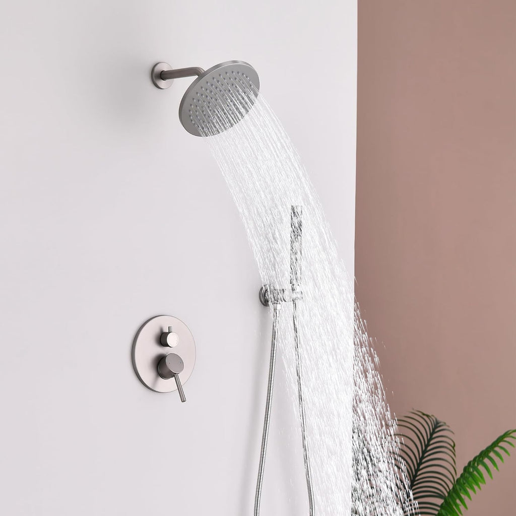Shower System, Shower Faucet Set, 8' Rainfall Shower Head and Handheld Spray Combo, Round Shower Head and Handle Set with Valve and Trim Kit, Brushed Nickel