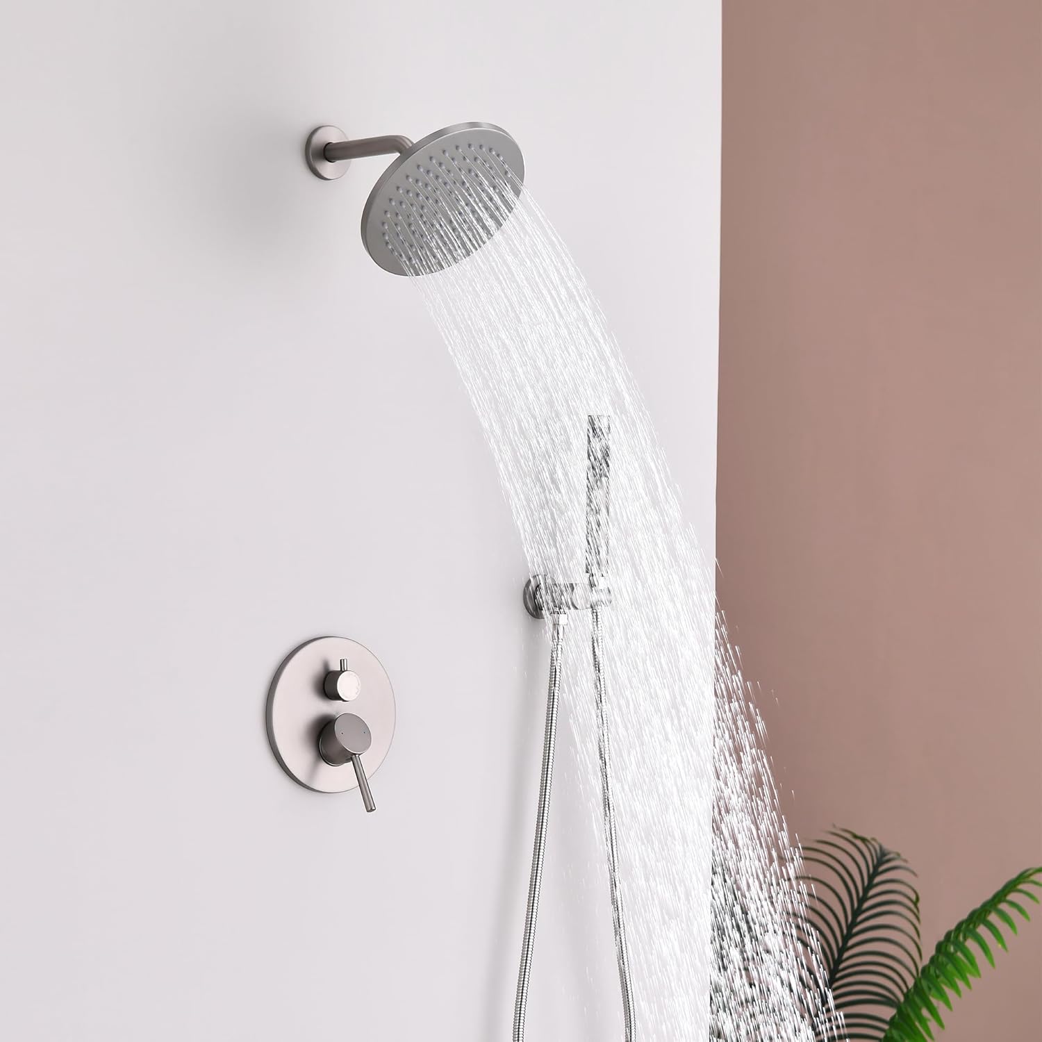 Shower System, Shower Faucet Set, 8' Rainfall Shower Head and Handheld Spray Combo, Round Shower Head and Handle Set with Valve and Trim Kit, Brushed Nickel