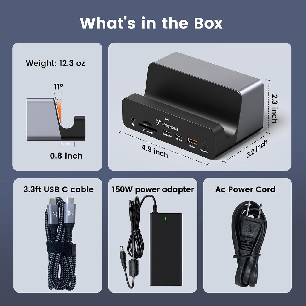 TobenONE 18-in-1 Triple 4K@60Hz Monitor Docking Station with 150W Power Supply, USB C Laptop Docking Station Stand(Single 4K@144Hz), 2.5Gbps Ethernet, 2 HDMI & DP, 8 USB, for Windows&ChromeOS