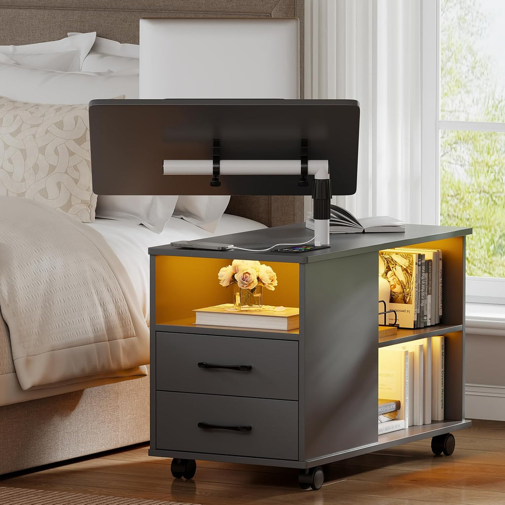 WOOVIVS Nightstand Set of 2 with USB Charging Station, Bedside Table with Storage Drawer, Rotatable Bracket, Modern Design (Grey)