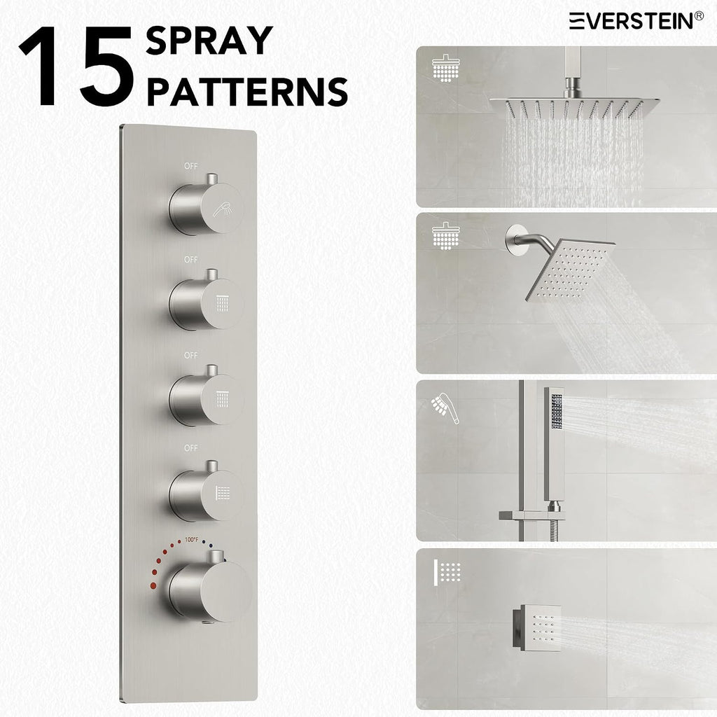 16 Inch Rainfall Shower System for Bathroom with Valve, Dual Rainfall Shower Head Faucet with 6 Body Jets (Brushed Nickel)