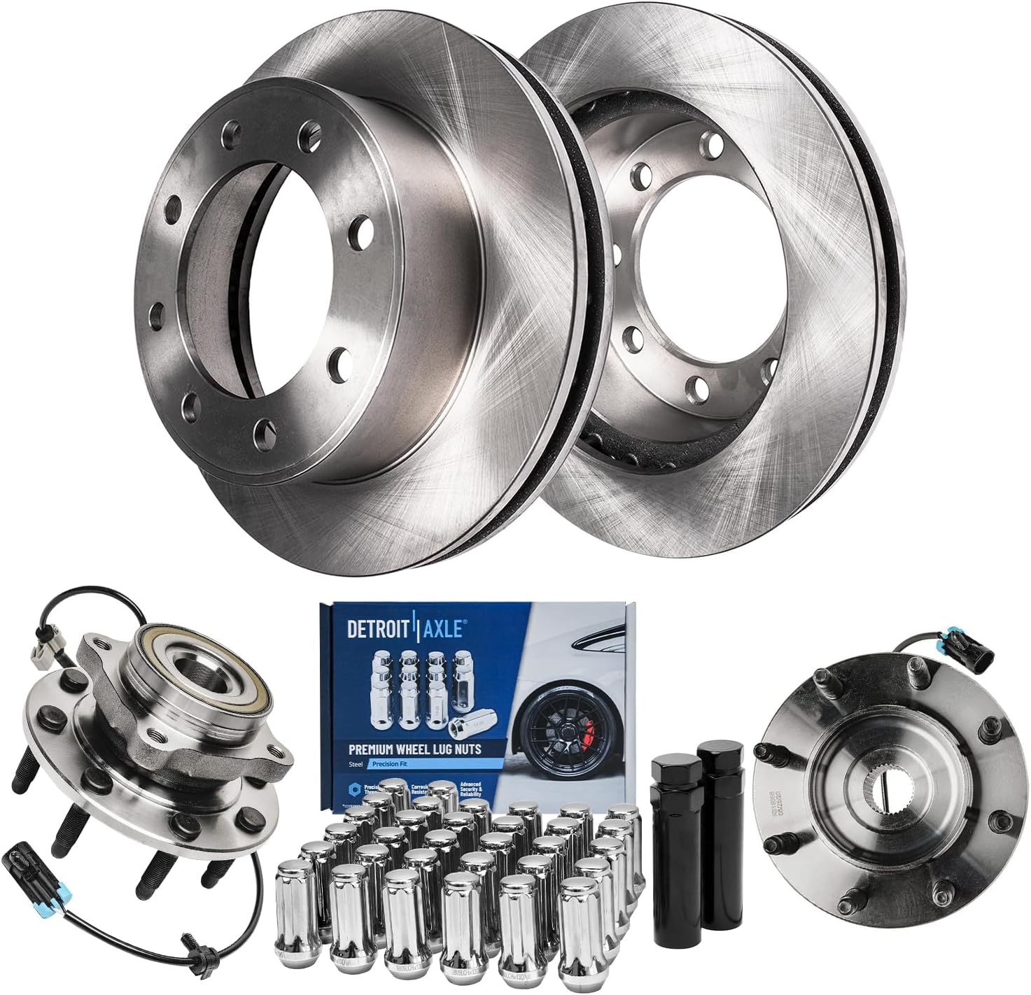 Detroit Axle - 4WD Front Wheel Bearing Hubs Brake Kit for Silverado 2500 HD Sierra 3500 Classic Yukon XL Avalanche Suburban 2500 H2 Brake Rotors Wheel Bearing Hubs Lug Nuts Replacement