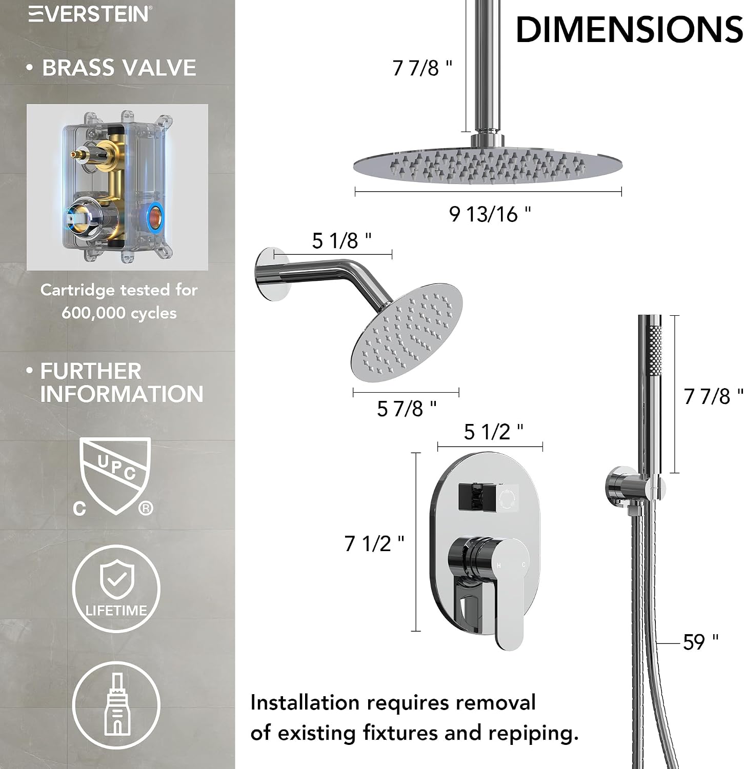 Ceiling Mount 10' High-Pressure Rainfall Shower Faucet, Dual Rainfall Shower Head System with Valve (Polished Chrome)