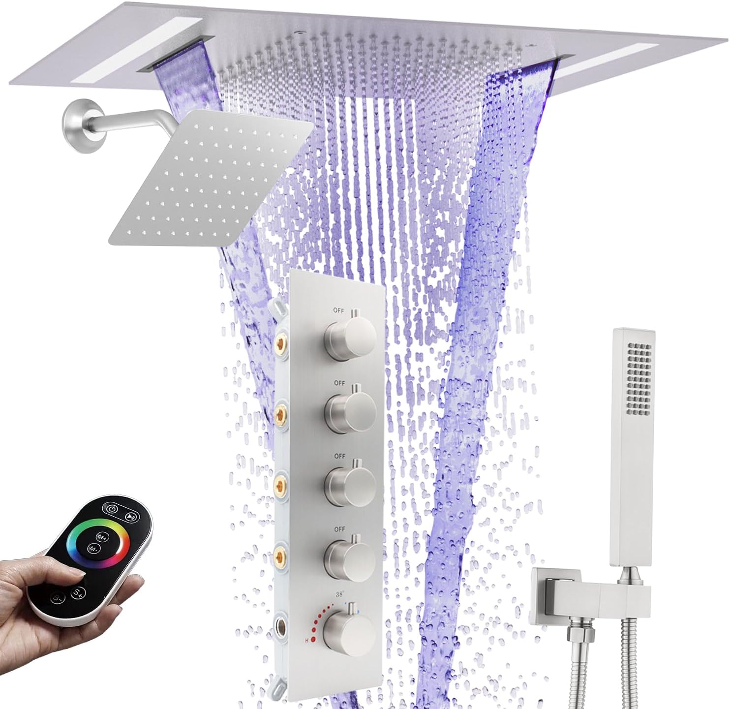 Dual Rain Shower Head Thermostatic Luxury Spa Shower System And Ceiling Mount 14x20 Inch LED 4 Functions with 6 Inch Wall Head Shower Faucet Set,Brushed Nickel