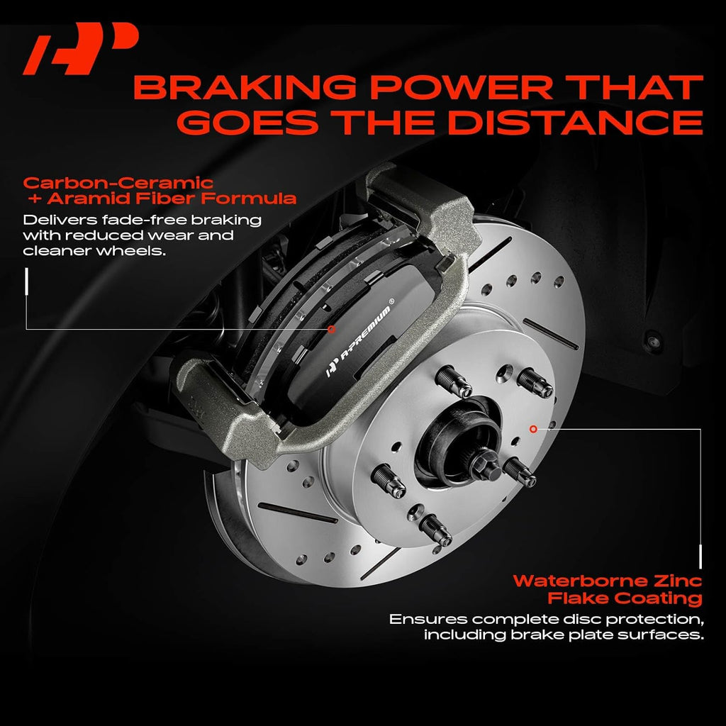 A-Premium Front & Rear Drilled and Slotted Disc Brake Rotors + Ceramic Pads Kit Compatible with Select Ford Models - For F-150 2012 2013 2014 2015 2016 2017 2018 2019 2020, 12-PC Set