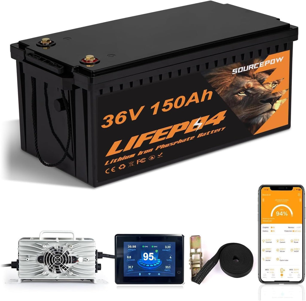 36V 150Ah Lithium Golf Cart Battery, 36 Volt 150Ah LiFePO4 Battery, Built-in Bluetooth 200A BMS, with 43.8V 25A Lithium Battery Charger, Peak Current 1000A Perfect for Golf Carts, Trolling Motor