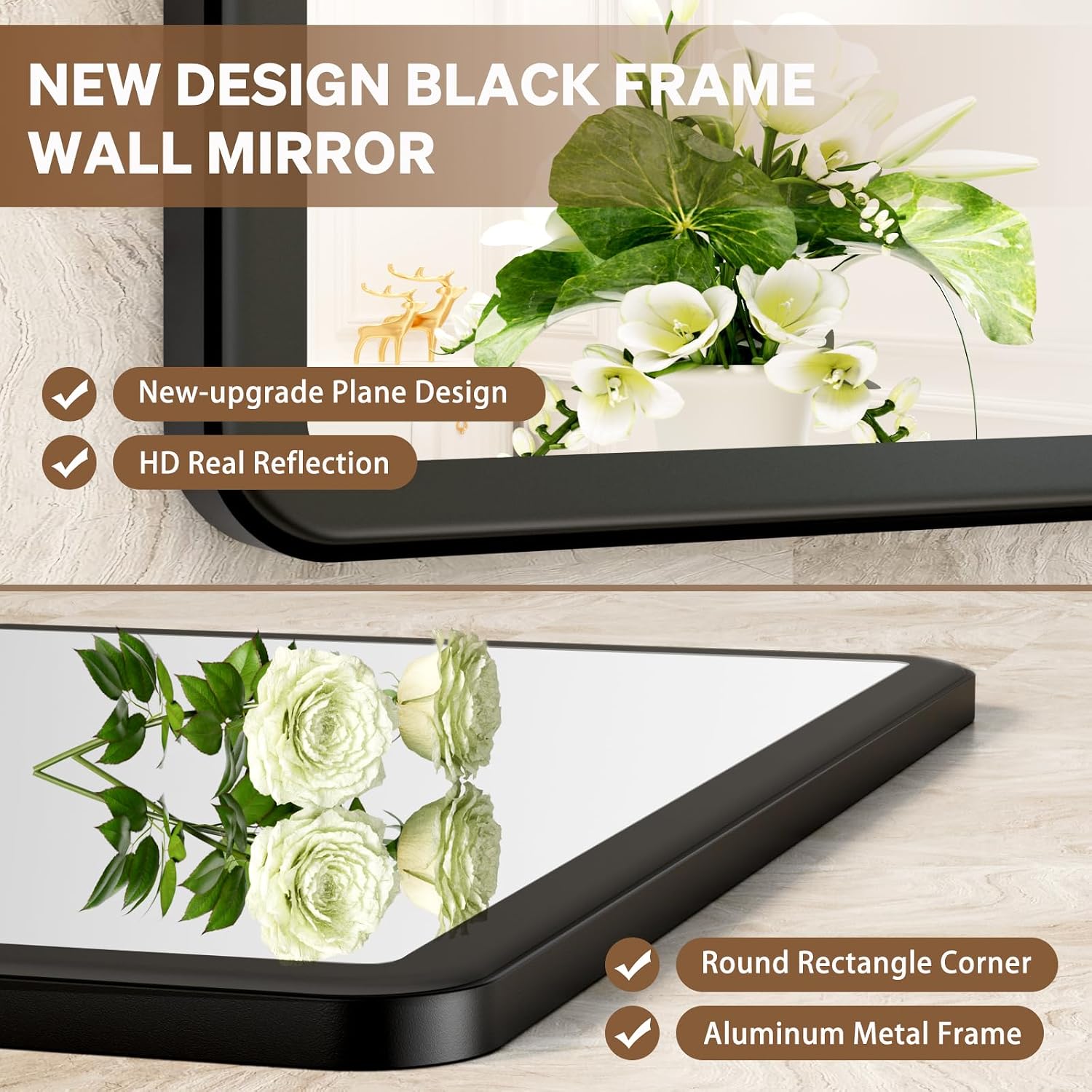 pertetey New Upgrade Bathroom Mirror, 60X40 Inch Black Metal Frame Wall Mounted Rounded Rectangle Bathroom Vanity Mirror with Tempered Glass for Washroom Bedroom Living Room