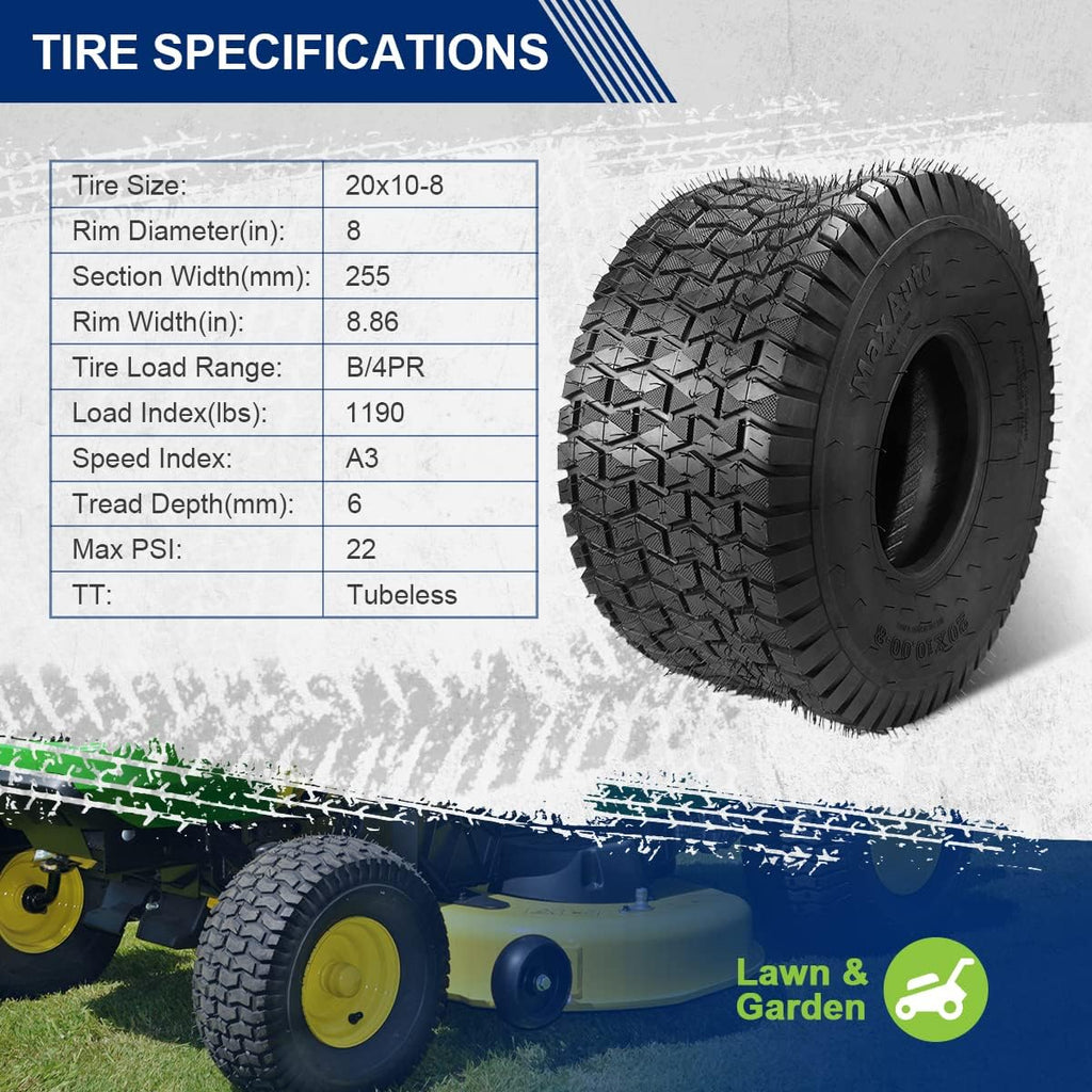 MaxAuto 15x6.00-6 & 20x10.00-8 Lawn Mower Front & Rear Tire Set, 4Ply Tubeless Tire 15x6-6nhs & 20x10x8nhs Truf Tires for Golf Cart, Lawn & Garden Tractor, 4 Pack in 2 Packages
