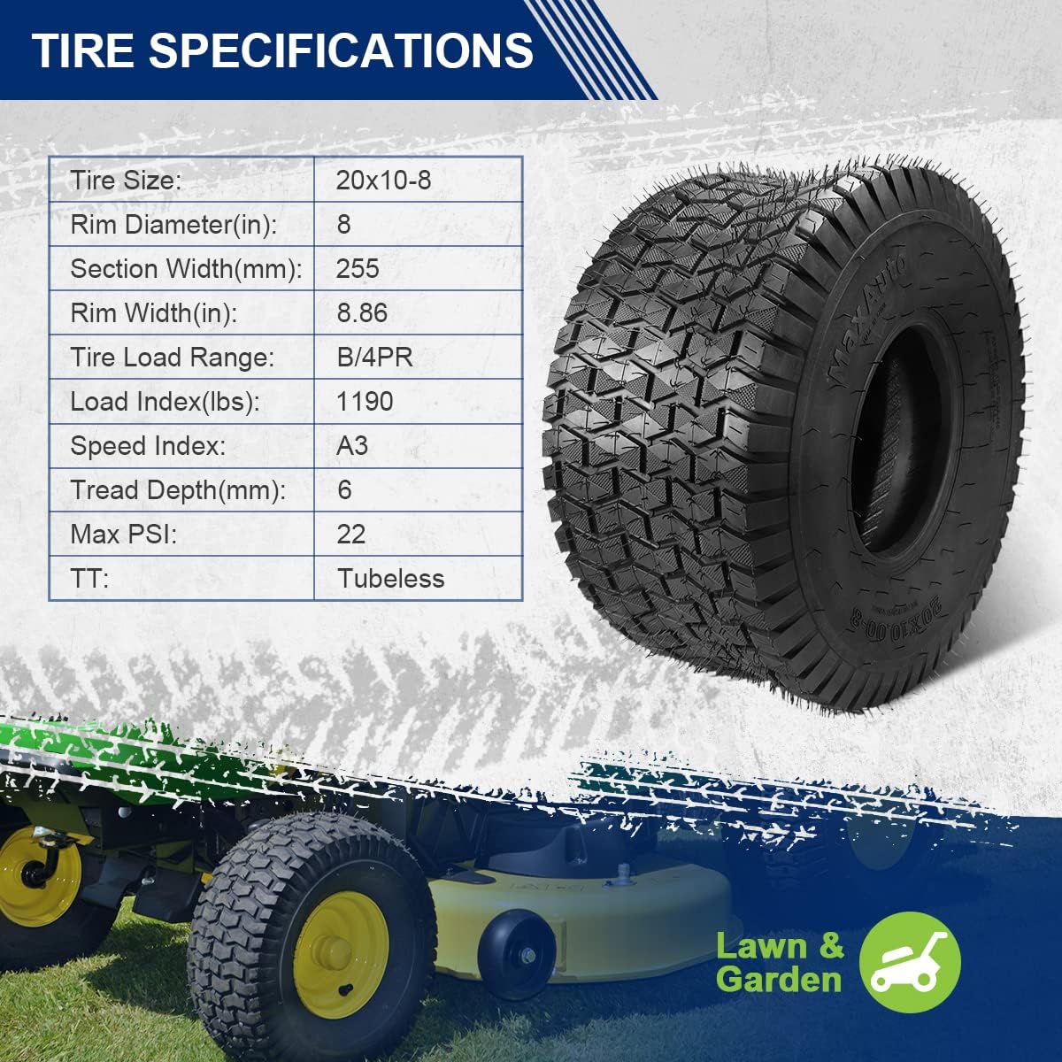 MaxAuto 15x6.00-6 & 20x10.00-8 Lawn Mower Front & Rear Tire Set, 4Ply Tubeless Tire 15x6-6nhs & 20x10x8nhs Truf Tires for Golf Cart, Lawn & Garden Tractor, 4 Pack in 2 Packages