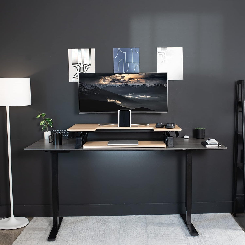 VIVO 42 inch Height Adjustable Stand Up Desk Converter, V Series, Quick Sit to Stand Tabletop Dual Monitor Riser Workstation, Light Wood Top, Black Frame, DESK-V000VLO