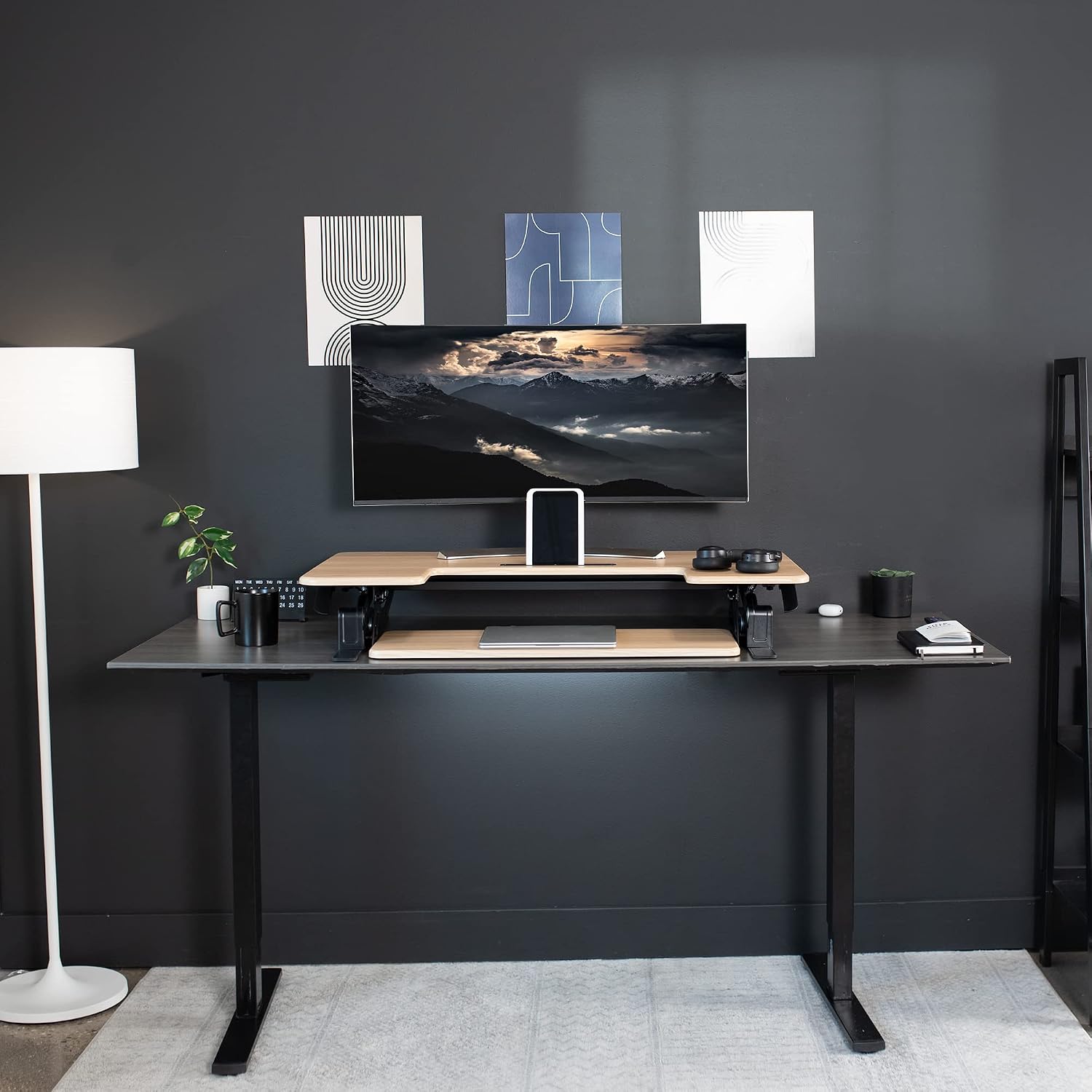 VIVO 42 inch Height Adjustable Stand Up Desk Converter, V Series, Quick Sit to Stand Tabletop Dual Monitor Riser Workstation, Light Wood Top, Black Frame, DESK-V000VLO