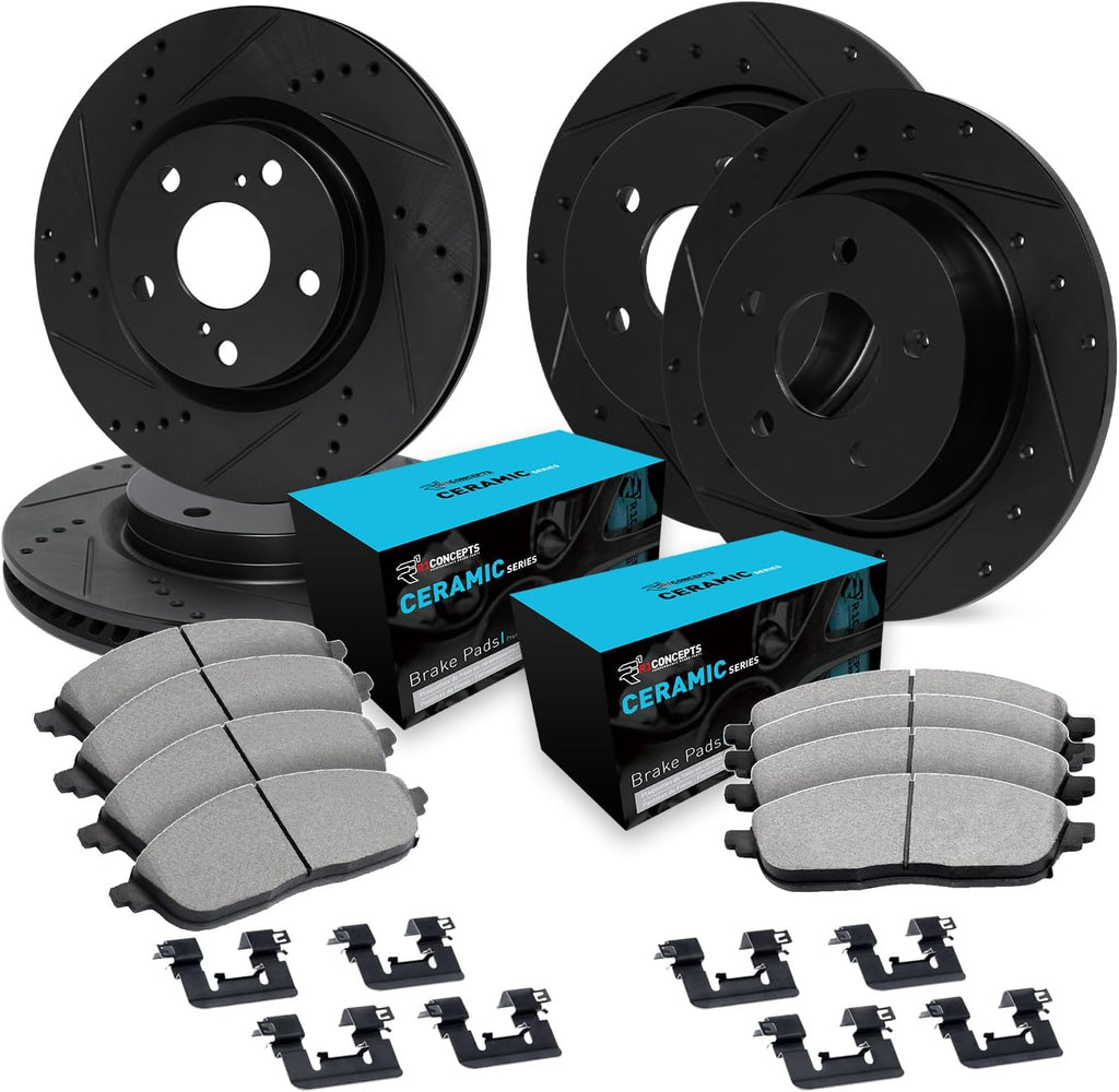 R1 Concepts Front and Rear Brake Kit Fits 2007-2012 Lexus ES350; 2008-2012 Toyota Avalon; 2007-2011 Toyota Camry| Ceramic Pads, Drilled Slotted Rotors| Hardware| 11.7' Front & 11.1' Rear