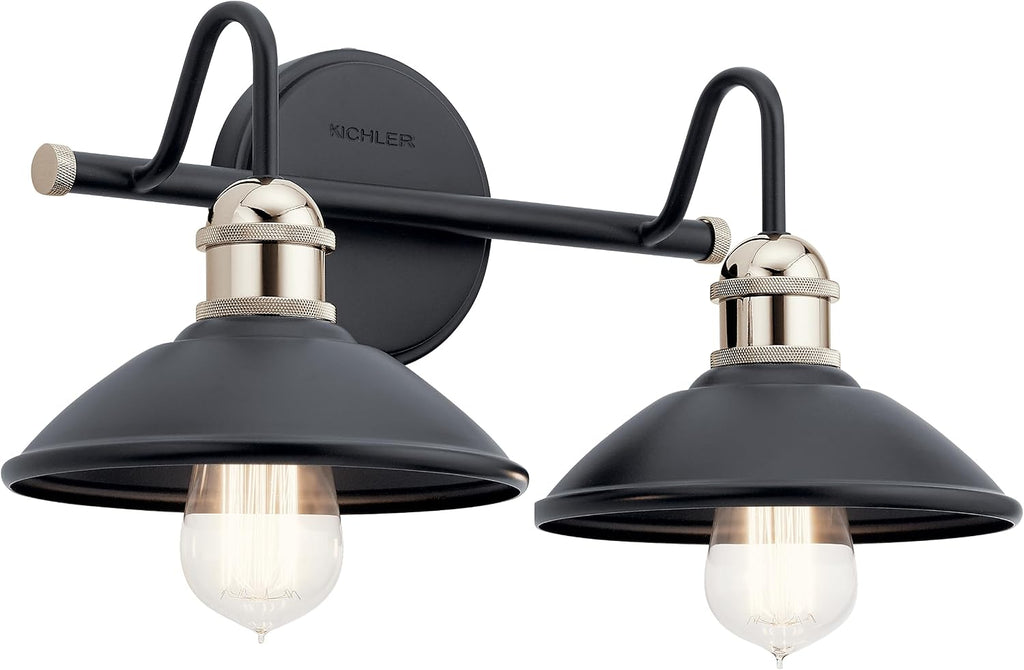 Kichler Clyde 2-Light Bathroom Vanity Light Fixture with Vintage Industrial Design, Black Finish for Bathrooms Over Mirror (7.25' H x 17' W x 8.25' Ext.), 45944BK