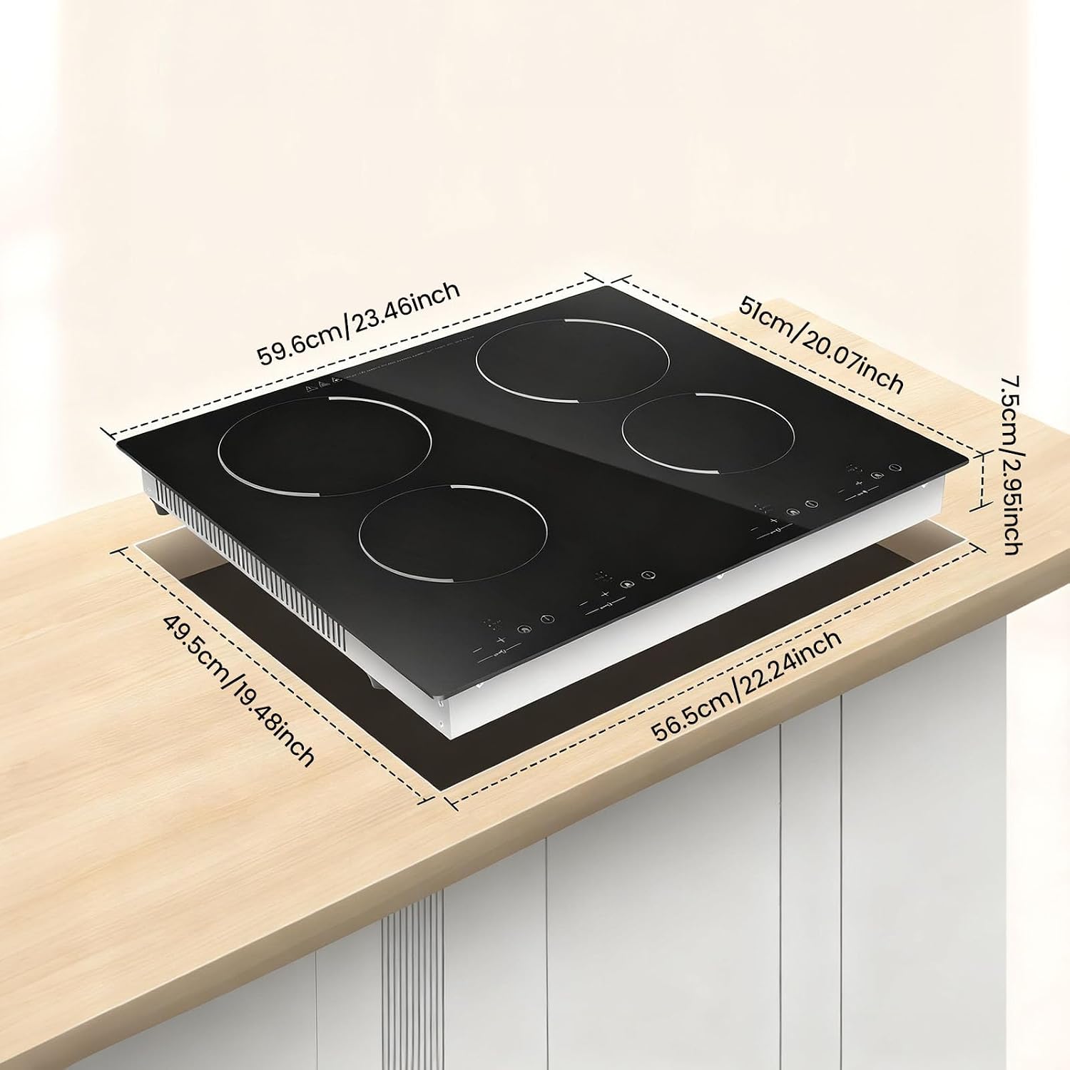 23 Inch Electric Cooktop - 4 Burner 3000W Ceramic Stove Built-in Electric Stove Top w/9 Heating Levels Touch-adjustable Control