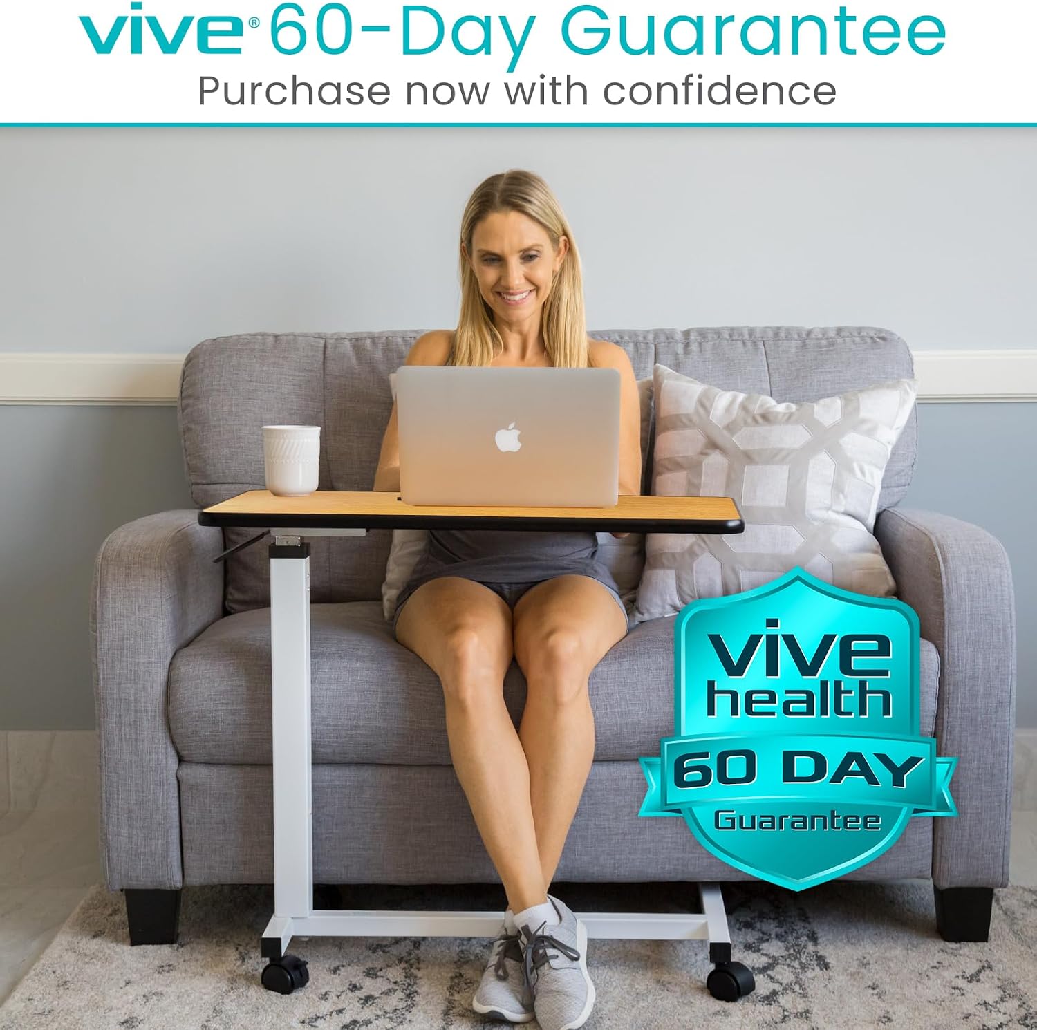 Vive Overbed Table (XL) - Hospital Bed Table - Swivel Wheel Rolling Tray - Adjustable Over Bedside Home Desk - Laptop, Reading, Eating Breakfast Cart Stand - Bedridden, Elderly (Brown)