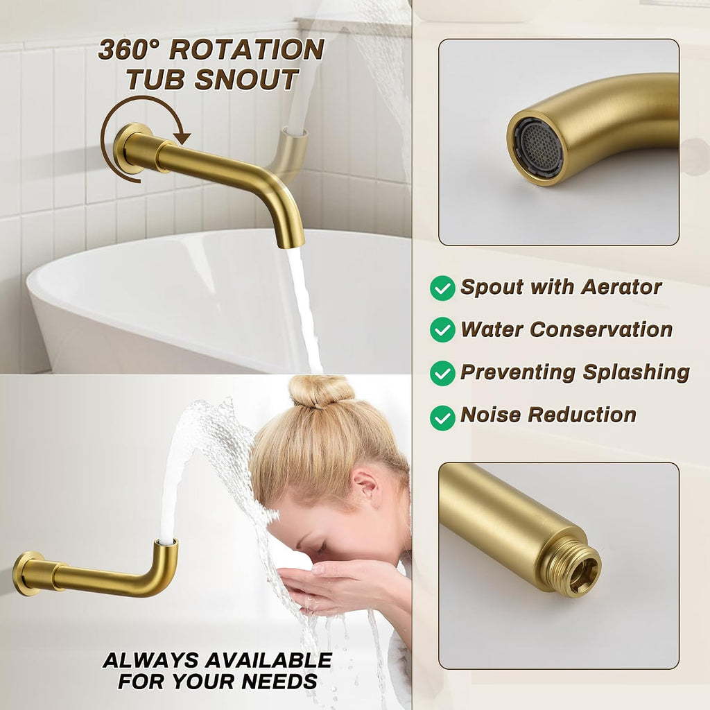 Shower System with Tub Spout, 3 Functions 10' Round Wall Mounted Rain Shower System, High-Pressure Rain Shower Head with 2 Modes Handheld Spray, Brushed Gold Shower Systems