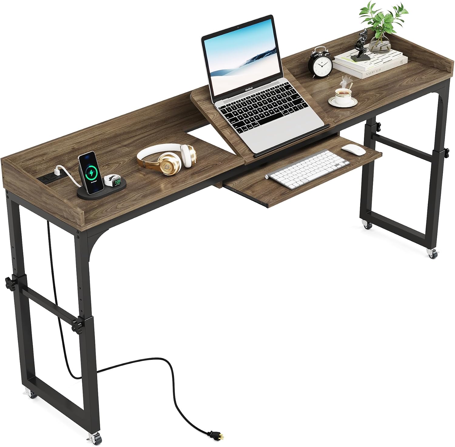 LITTLE TREE Overbed Table with Wheels Adjustable Height, Rolling Table with Outlets & USB Ports for Queen Bed, Giant Adjustable Over the Bed Desk with Tilt Stand, Grey