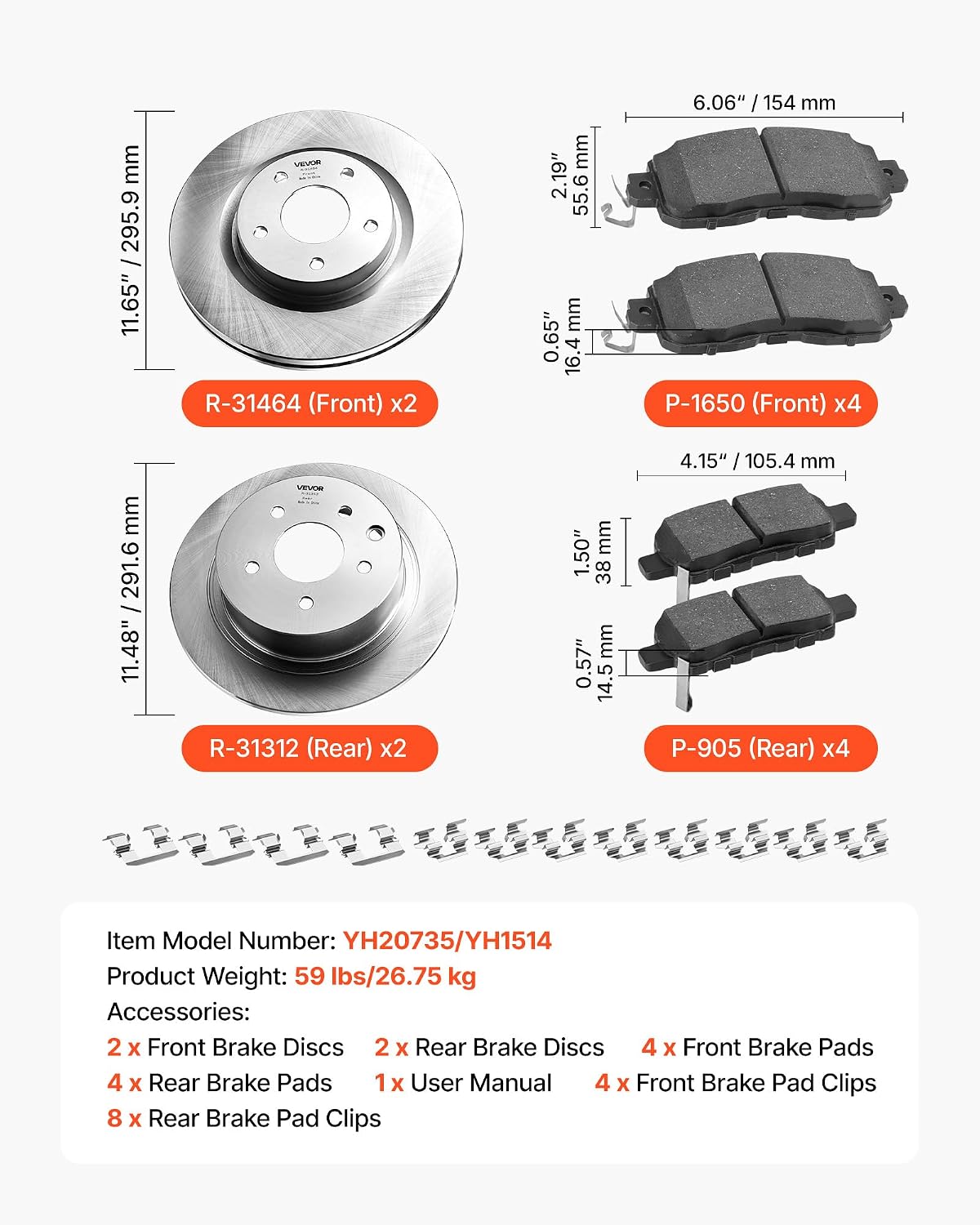 VEVOR Front and Rear Brake Kit Compatible with 2013 Nissan Altima (Base, SL, SV & S Sedan), 2014-2018 Nissan Altima, 2019-2023 Nissan Altima (with Manual Parking Brake), Hollow Structure Front Rotors