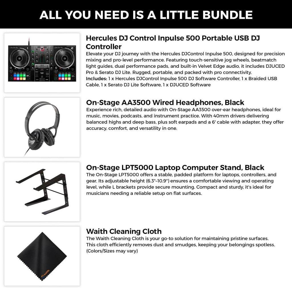 Hercules DJ Control Inpulse 500 Portable USB DJ Controller - 2-Deck DJ Controller with On Stage AA3500 Wired Headphones, Laptop Stand & Cleaning Cloth - Includes DJUCED and Serato DJ Lite (Bundle Set)