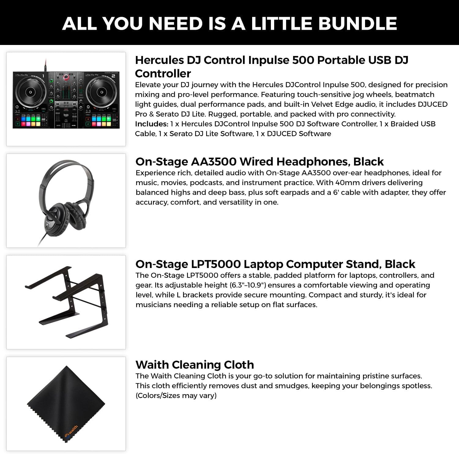 Hercules DJ Control Inpulse 500 Portable USB DJ Controller - 2-Deck DJ Controller with On Stage AA3500 Wired Headphones, Laptop Stand & Cleaning Cloth - Includes DJUCED and Serato DJ Lite (Bundle Set)