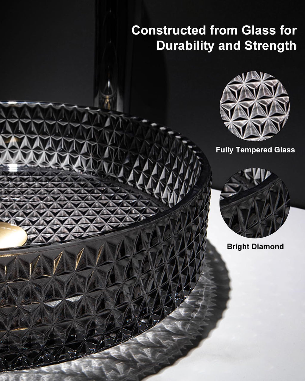 Homary Bathroom Vessel Sink Round Vessel Sink 15.35' x 4.33' Transparent Diamond Shaped Crystal Glass Bathroom Sink Above Counter with Pop-up Drain, Black