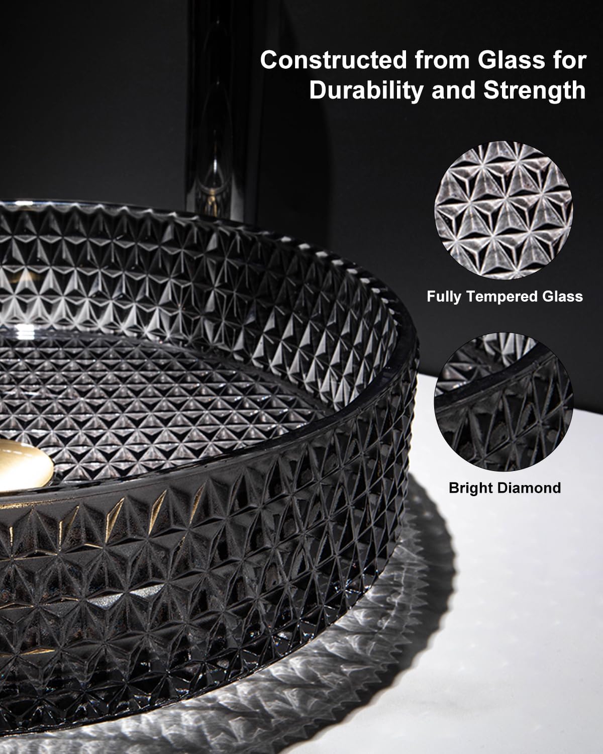 Homary Bathroom Vessel Sink Round Vessel Sink 15.35' x 4.33' Transparent Diamond Shaped Crystal Glass Bathroom Sink Above Counter with Pop-up Drain, Black