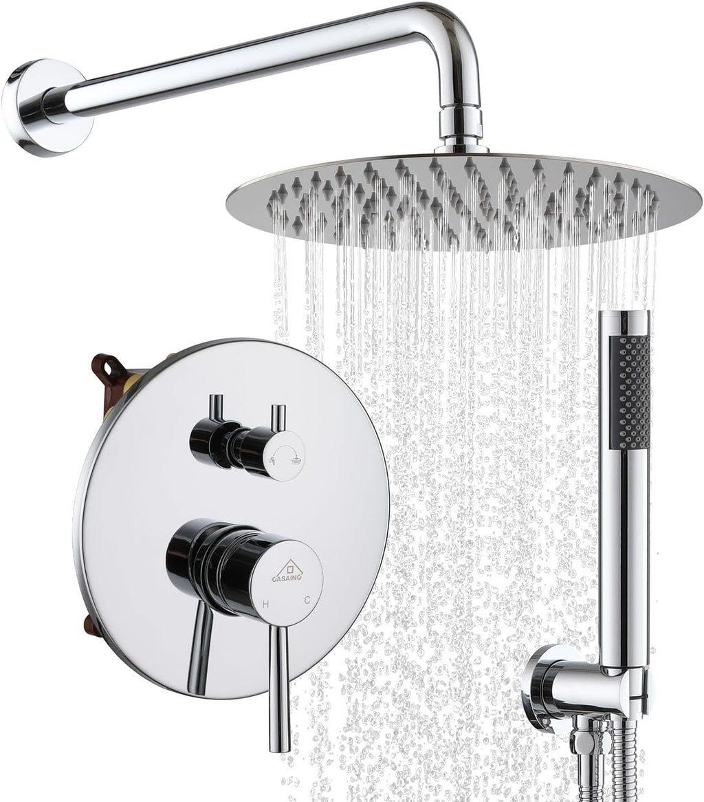 CASAINC Shower Valve and Trim Kit, 10 Inch Round 2 Functions Rain Shower Head with Handheld Spray Wall Mounted Shower System (Chrome)