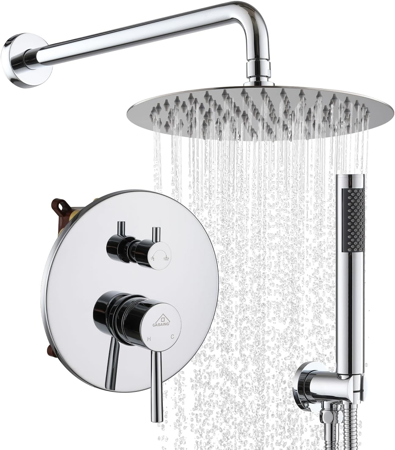 CASAINC Shower Valve and Trim Kit, 10 Inch Round 2 Functions Rain Shower Head with Handheld Spray Wall Mounted Shower System (Chrome)