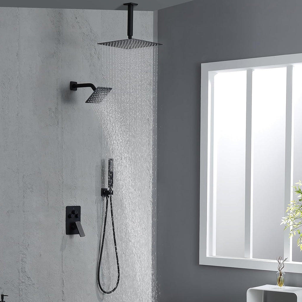 Shower Faucet Set, Matte Black Shower System with Rain Shower and Handheld Bathroom Rainfall Ceiling 12 Inch Shower Set with Valve