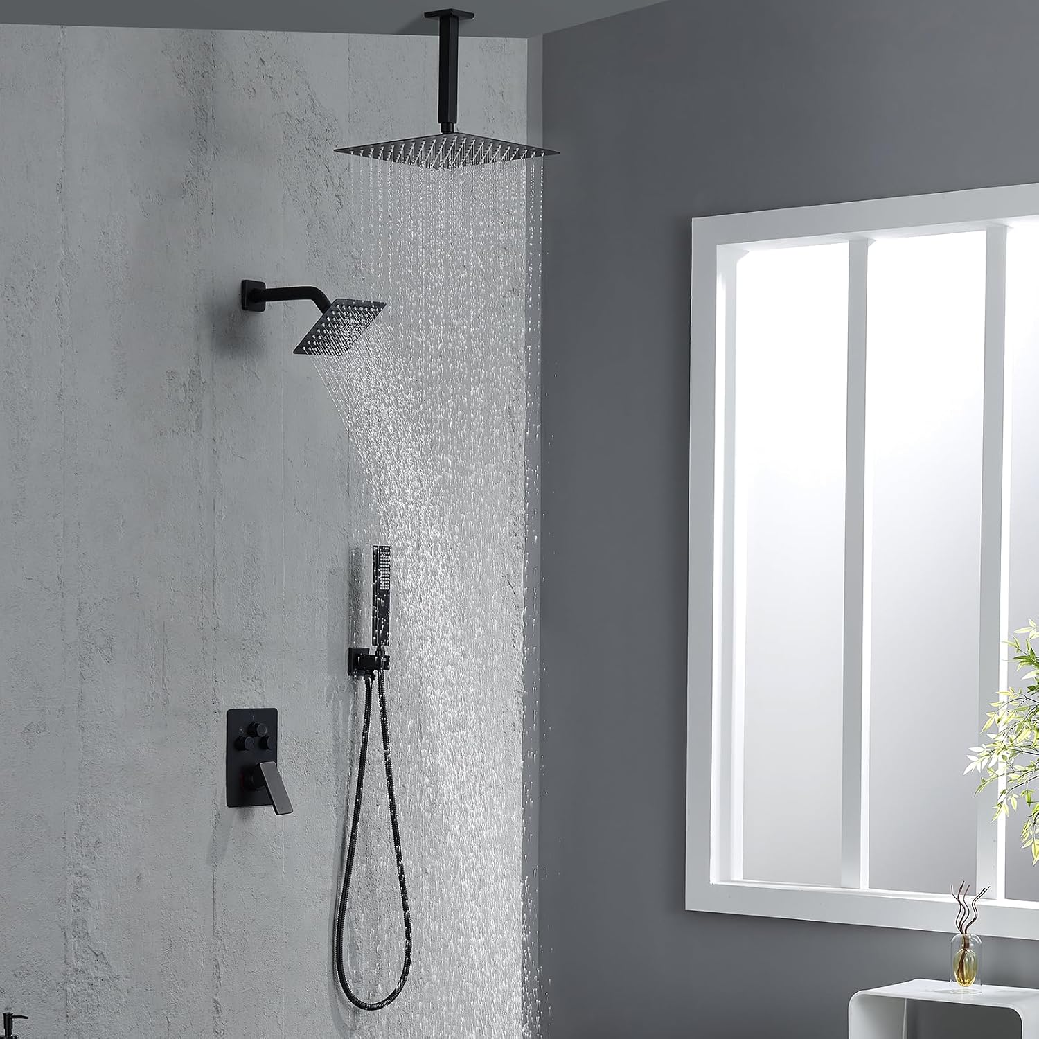 Shower Faucet Set, Matte Black Shower System with Rain Shower and Handheld Bathroom Rainfall Ceiling 12 Inch Shower Set with Valve