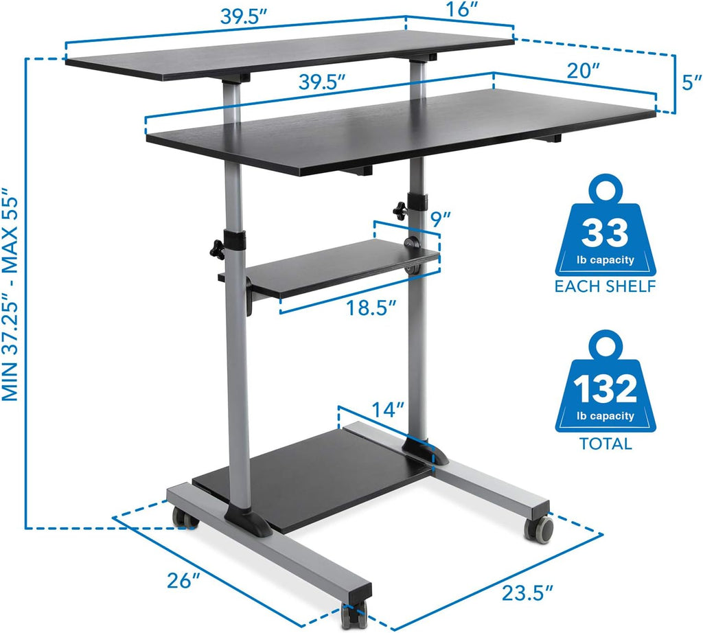 Mount-It! Mobile Standing Desk | Height Adjustable Rolling Desk with 40 Wide Table Tops | Multi-Purpose Rolling Presentation Cart with Four Platforms | (MI-7970)