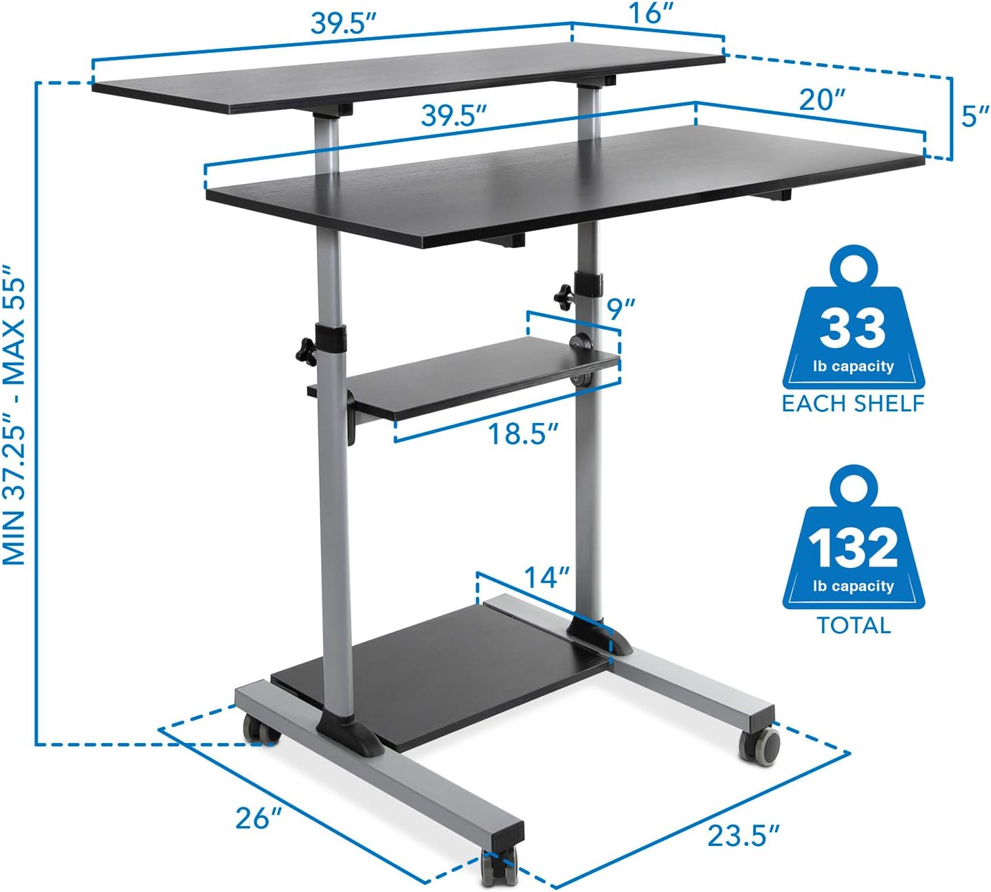 Mount-It! Mobile Standing Desk | Height Adjustable Rolling Desk with 40 Wide Table Tops | Multi-Purpose Rolling Presentation Cart with Four Platforms | (MI-7970)