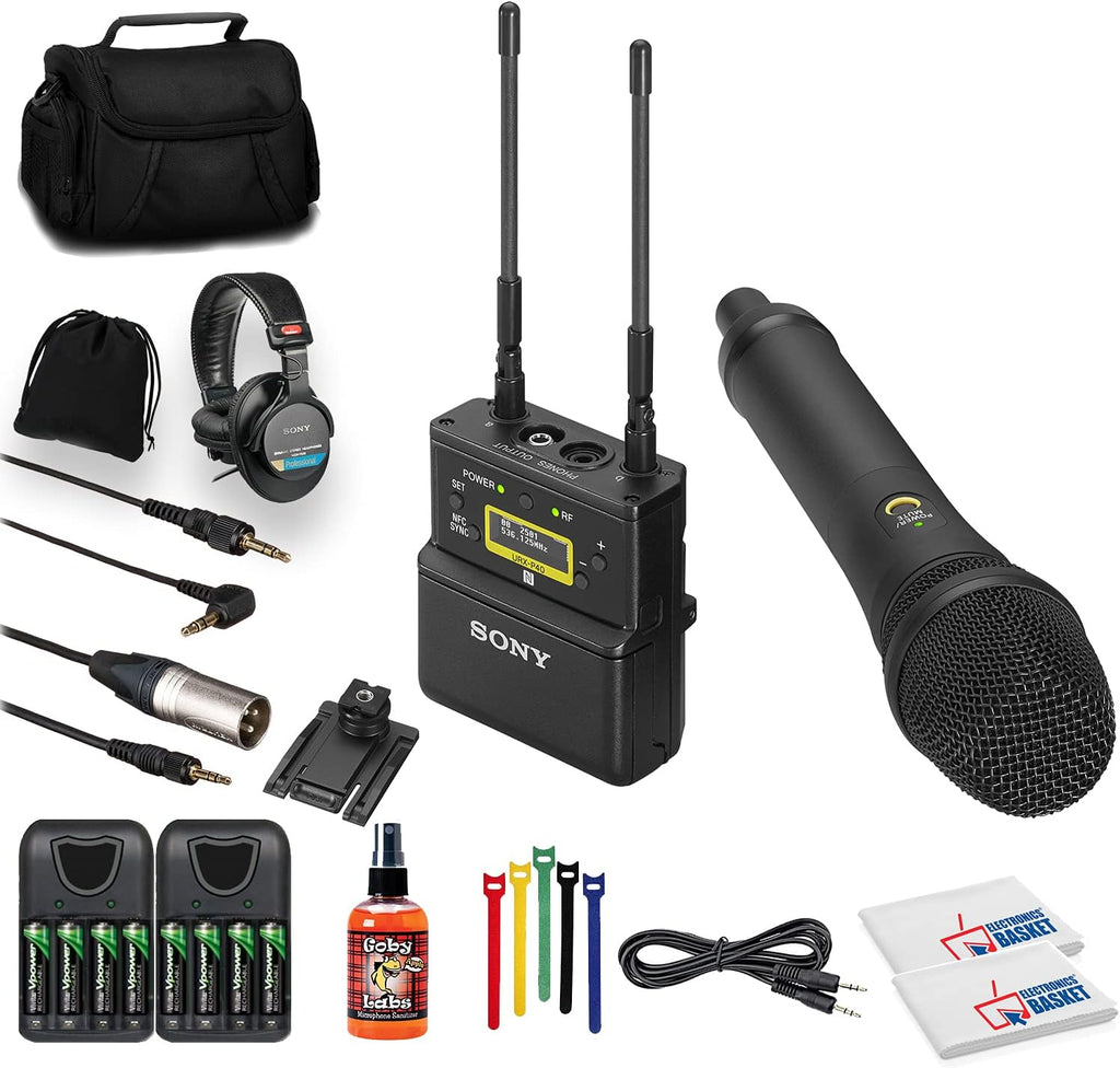 Sony UWP-D22 Camera-Mount Wireless Cardioid Handheld Microphone System (UC14: 470 to 542 MHz) (UWPD22/14) + Headphones + 8 x Rechargeable Batteries + 3.5 mm Auxiliary Cable + Case + More