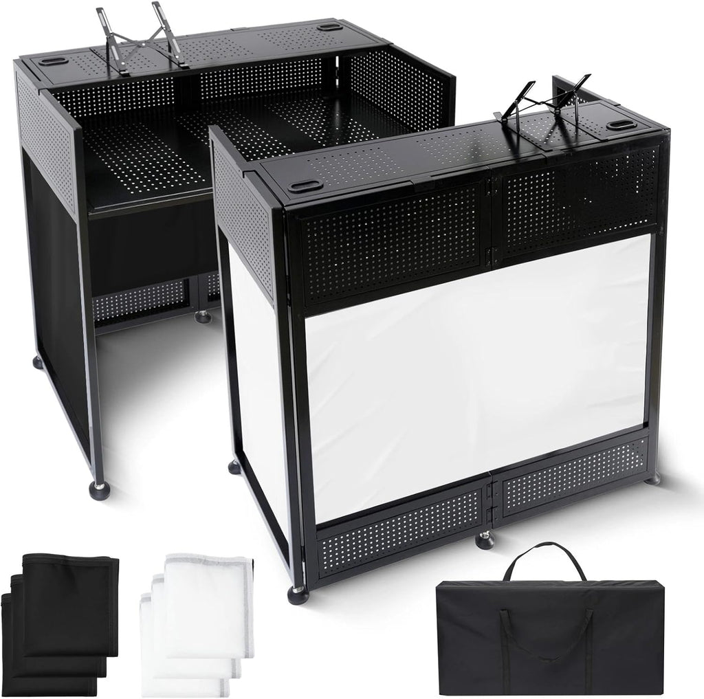 Portable DJ Booth Table, 41'L x 20'W DJ Table Stand Portable Booth Double Deck, Adjustable DJ Facade Station with White & Black Scrim, Foldable Metal Frame DJ Booth Panel for Parties, Wedding, Bars